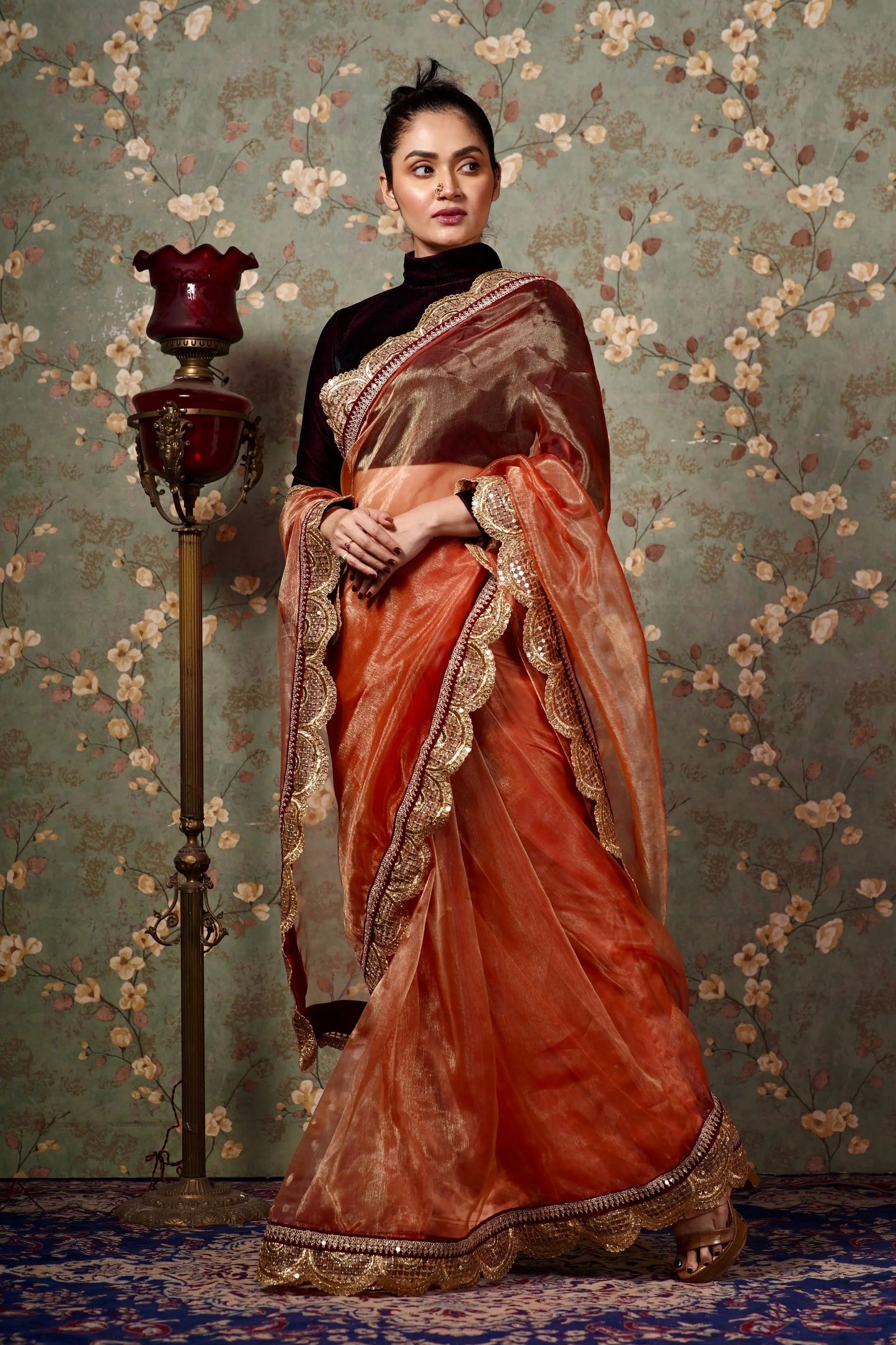 Marigold Glass Tissue Mehraab Border Saree kreationbykj