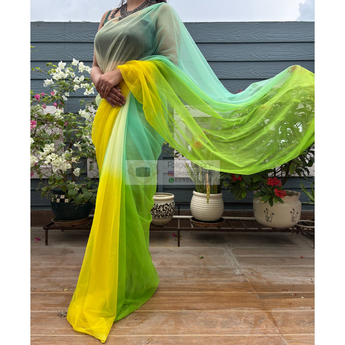 Green and Yellow Net Ombre Saree kreationbykj