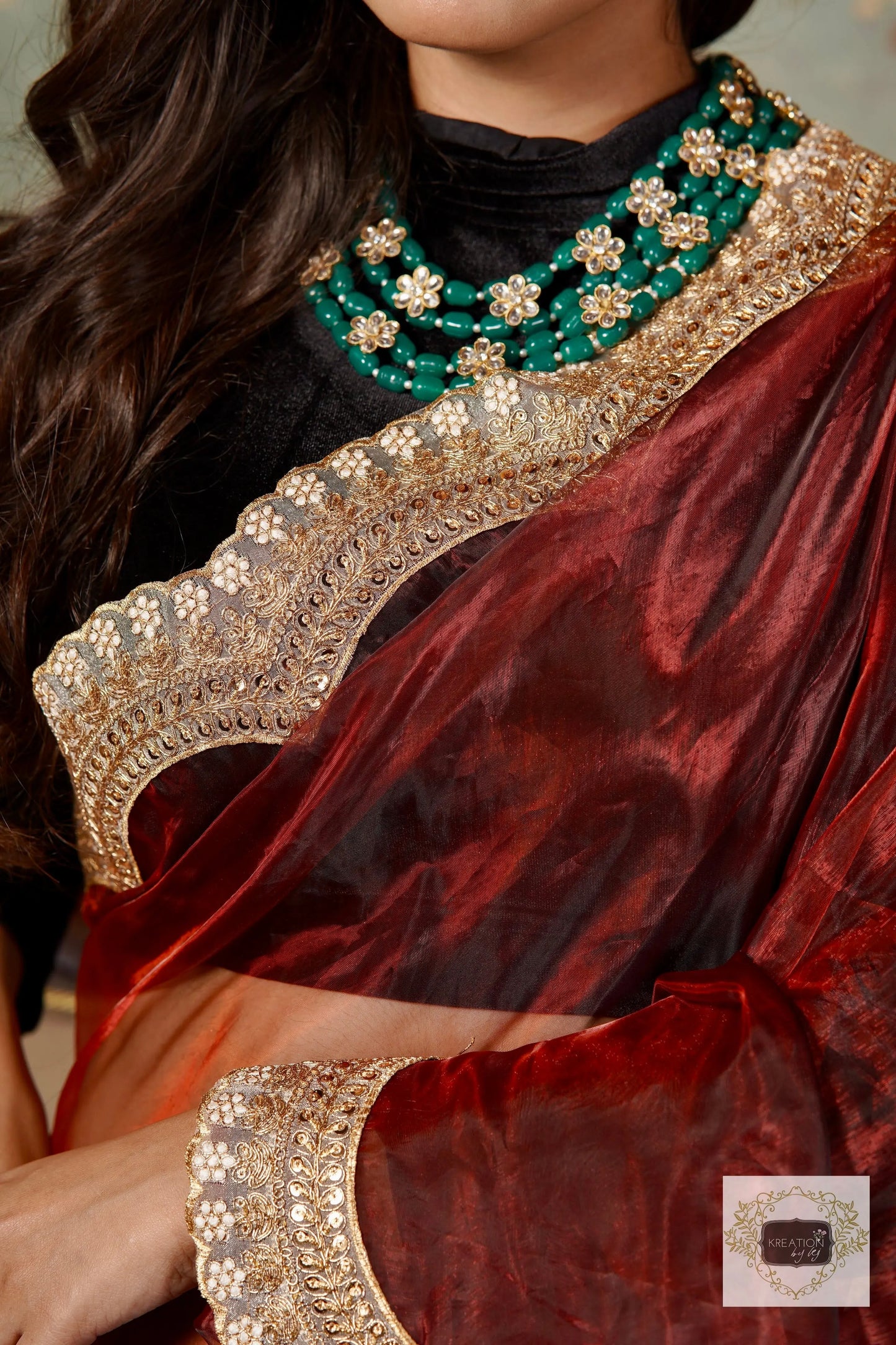 Maroon Glass Tissue with Golden  Border Saree kreationbykj