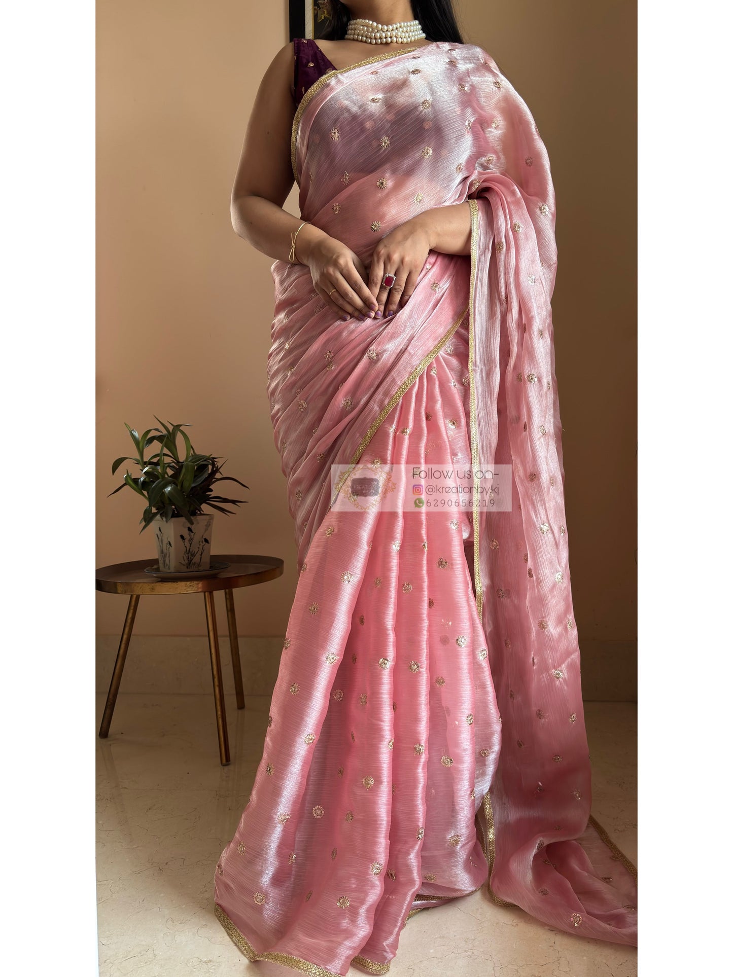 Peach Mettalic Chiffon Saree with Sequin Border