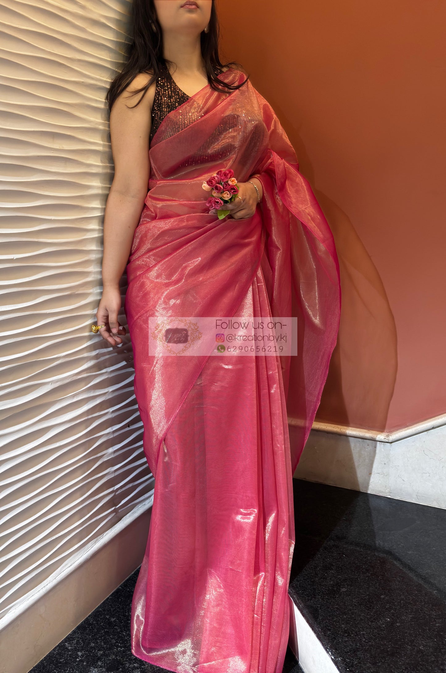 Rose Pink Tissue Net Bridal  Saree kreationbykj