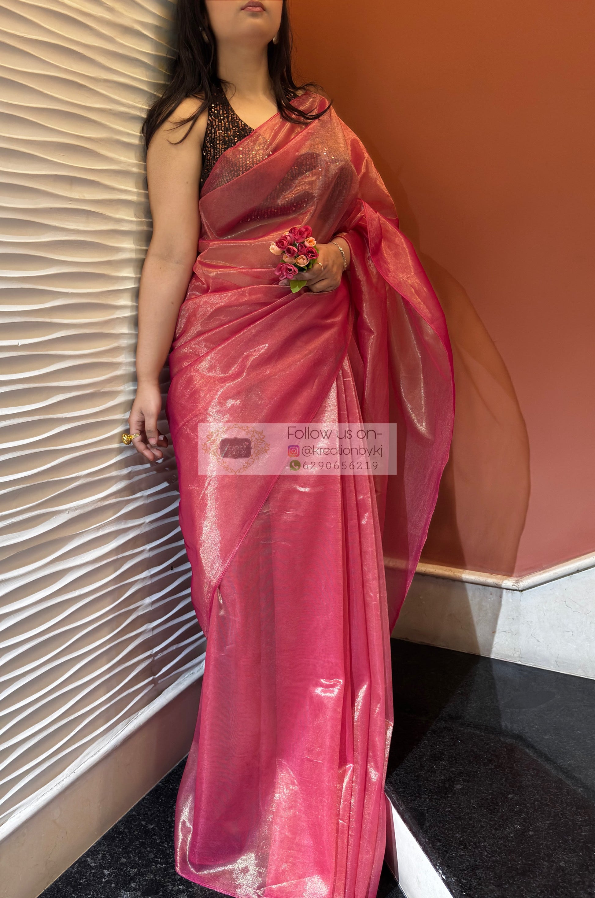 Rose Pink Tissue Net Bridal  Saree kreationbykj