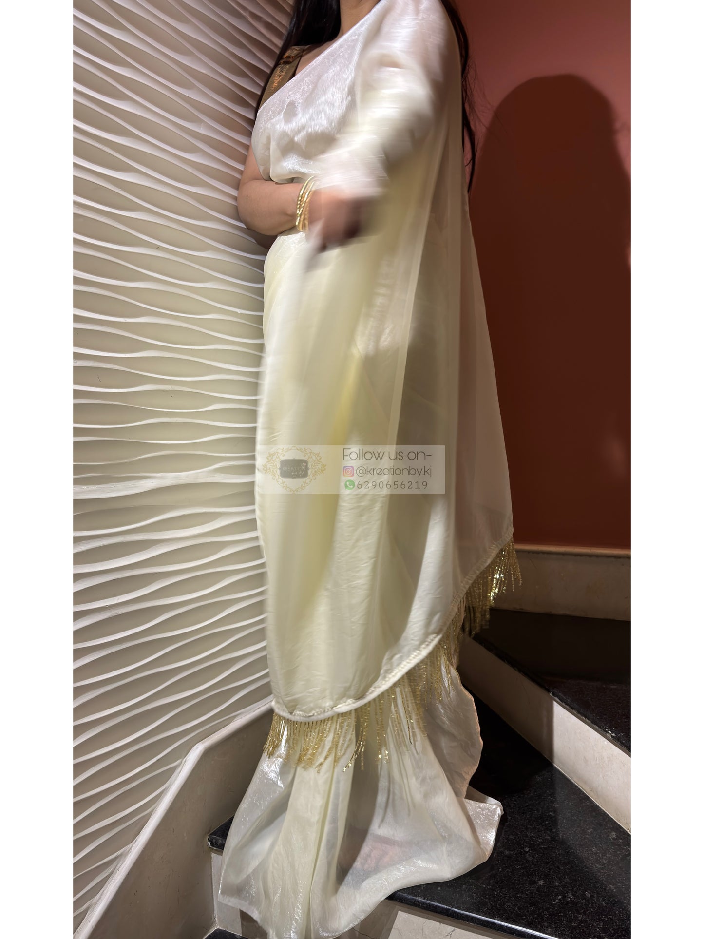 Cream Dream Shimmer Satin Saree - kreationbykj