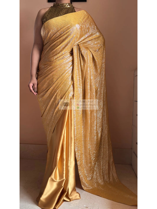 Yellow Satin Pleated Cocktail Saree