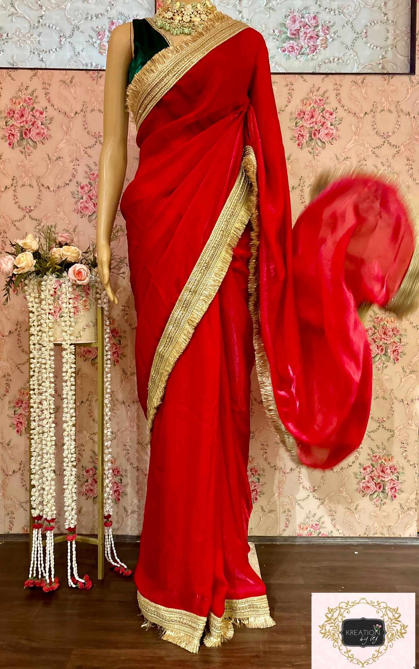 Red Metallic Shimmer Satin Banno Saree kreationbykj