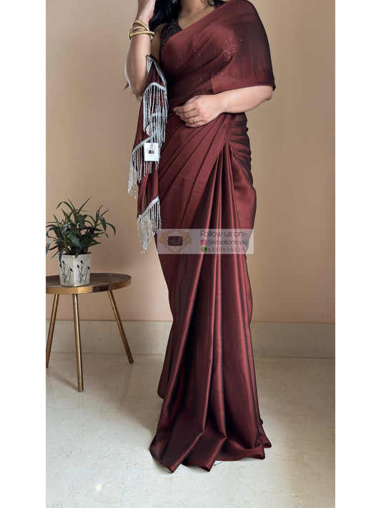 Coffee Brown Georgette Cocktail Saree kreationbykj
