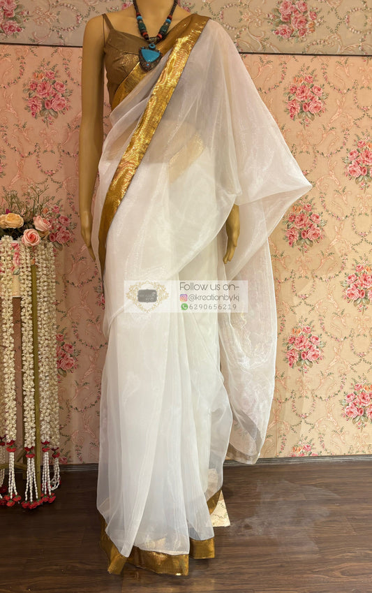White Organza Saree with Gota Border kreationbykj