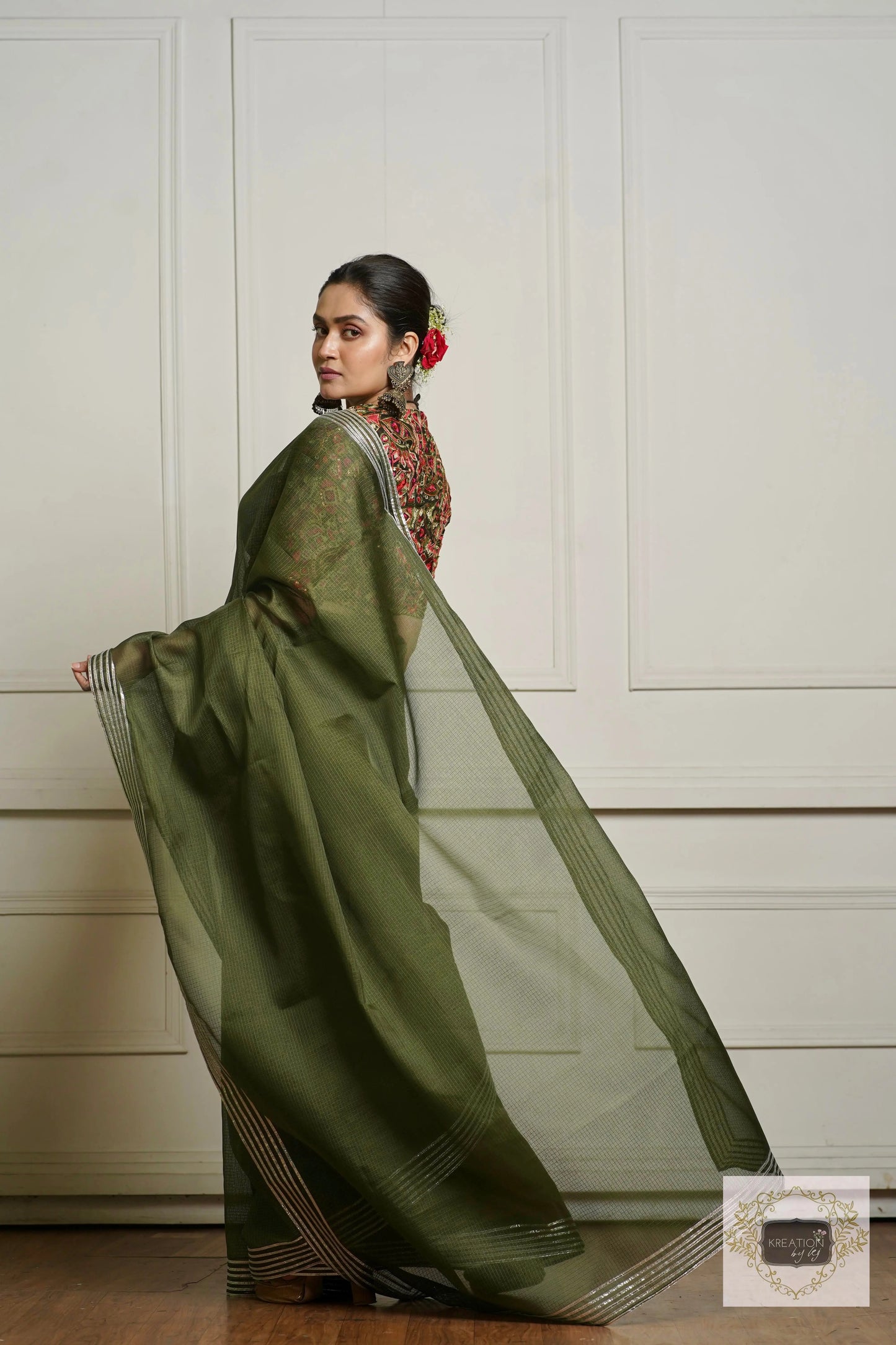 Olive Green Kota Silver Lining Saree With Gota Border kreationbykj