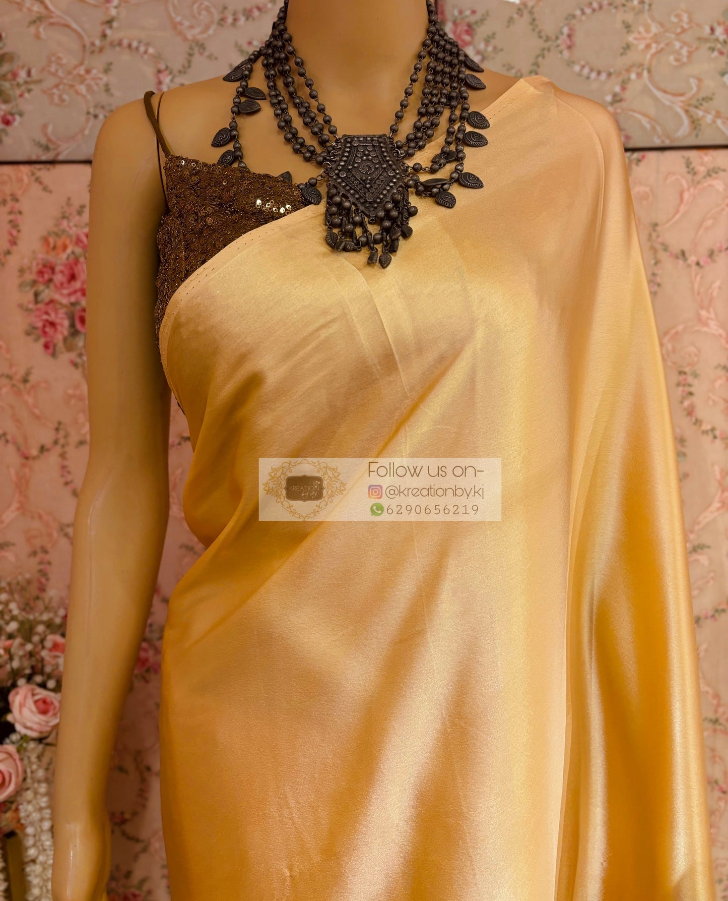 Tuscany Beige Satin Silk Saree with Handmade Tassels on Pallu kreationbykj