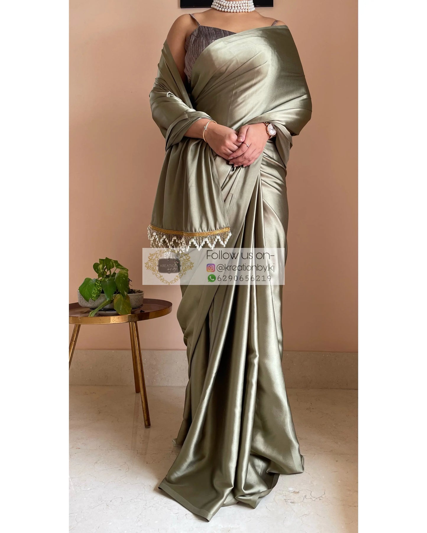 Ash Green Satin Silk Saree with Handmade Tassels on Pallu kreationbykj
