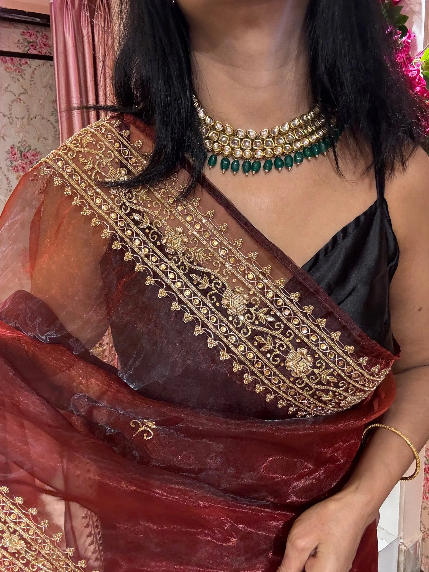 Maroon Glass Tissue Zarina Wedding Saree kreationbykj