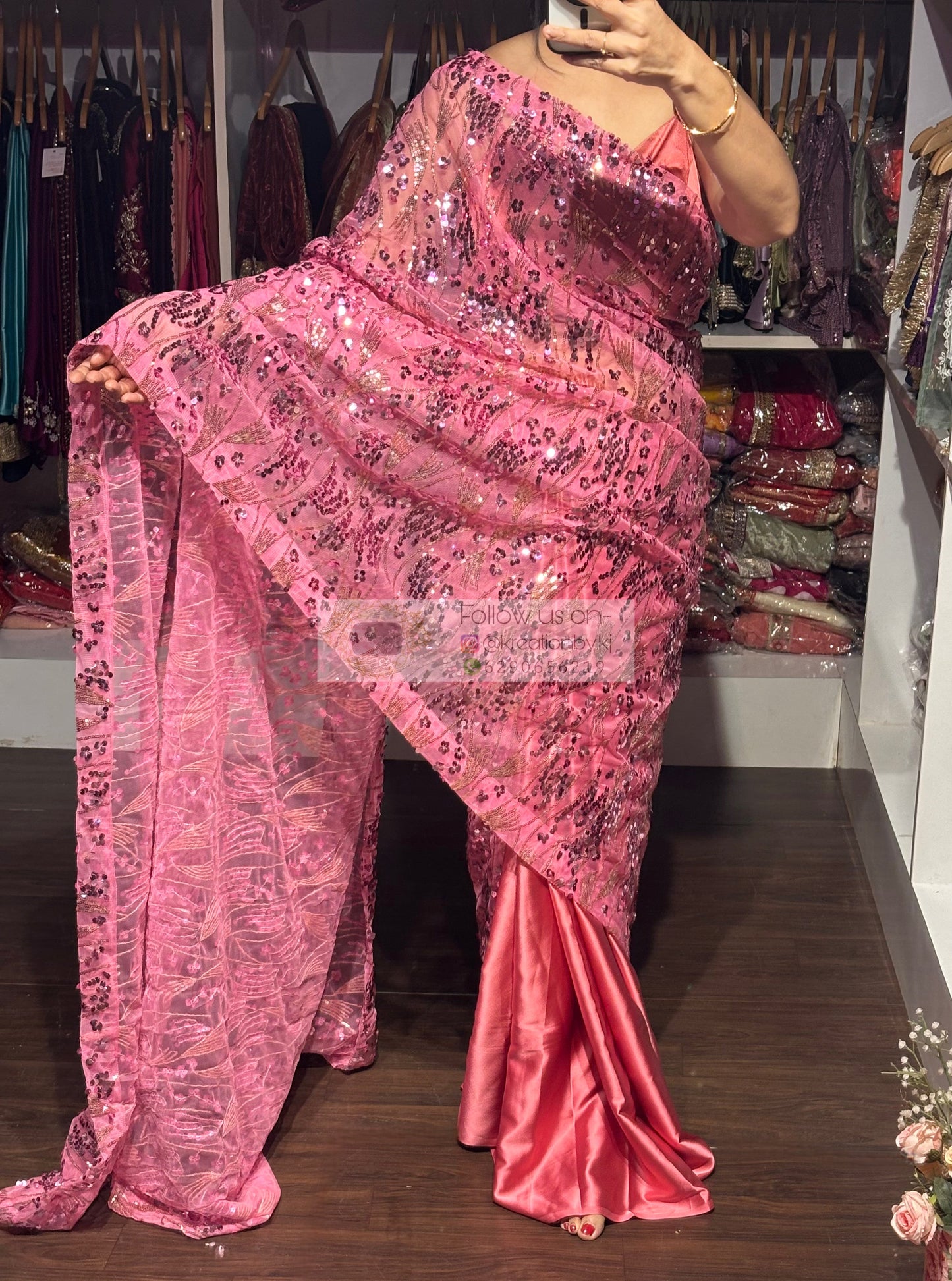 Pink Mermaid Sequin Partywear Saree kreationbykj