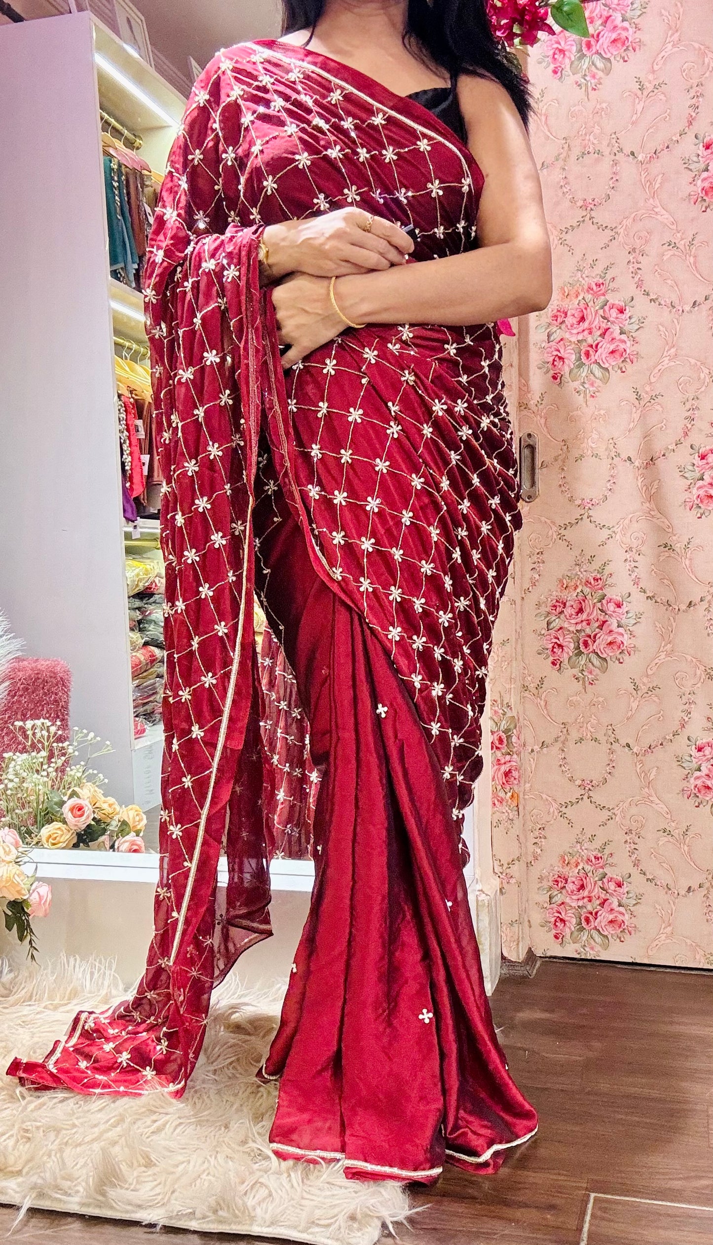Maroon Georgette Cutdana Jaal Saree - kreationbykj
