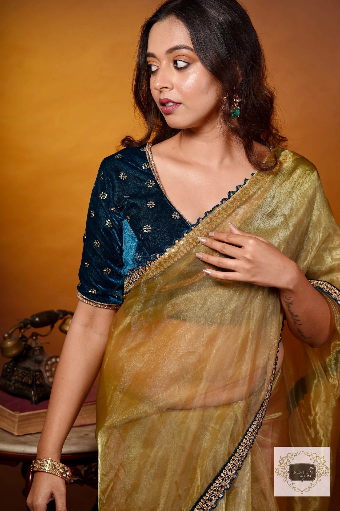 Pista Green Glass Tissue Saree with Teal Border kreationbykj