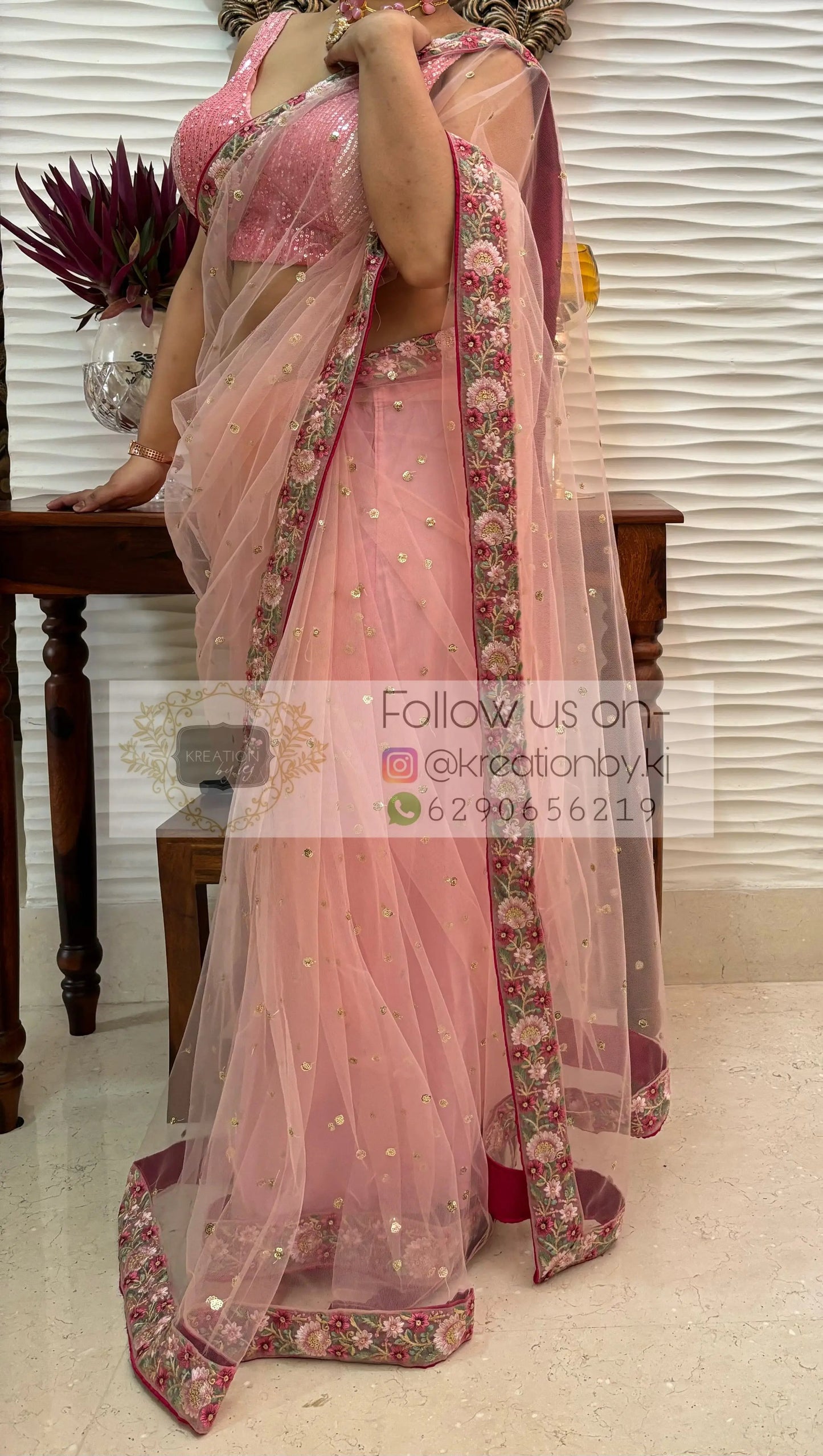 Pink Net Saree with Floral Border kreationbykj
