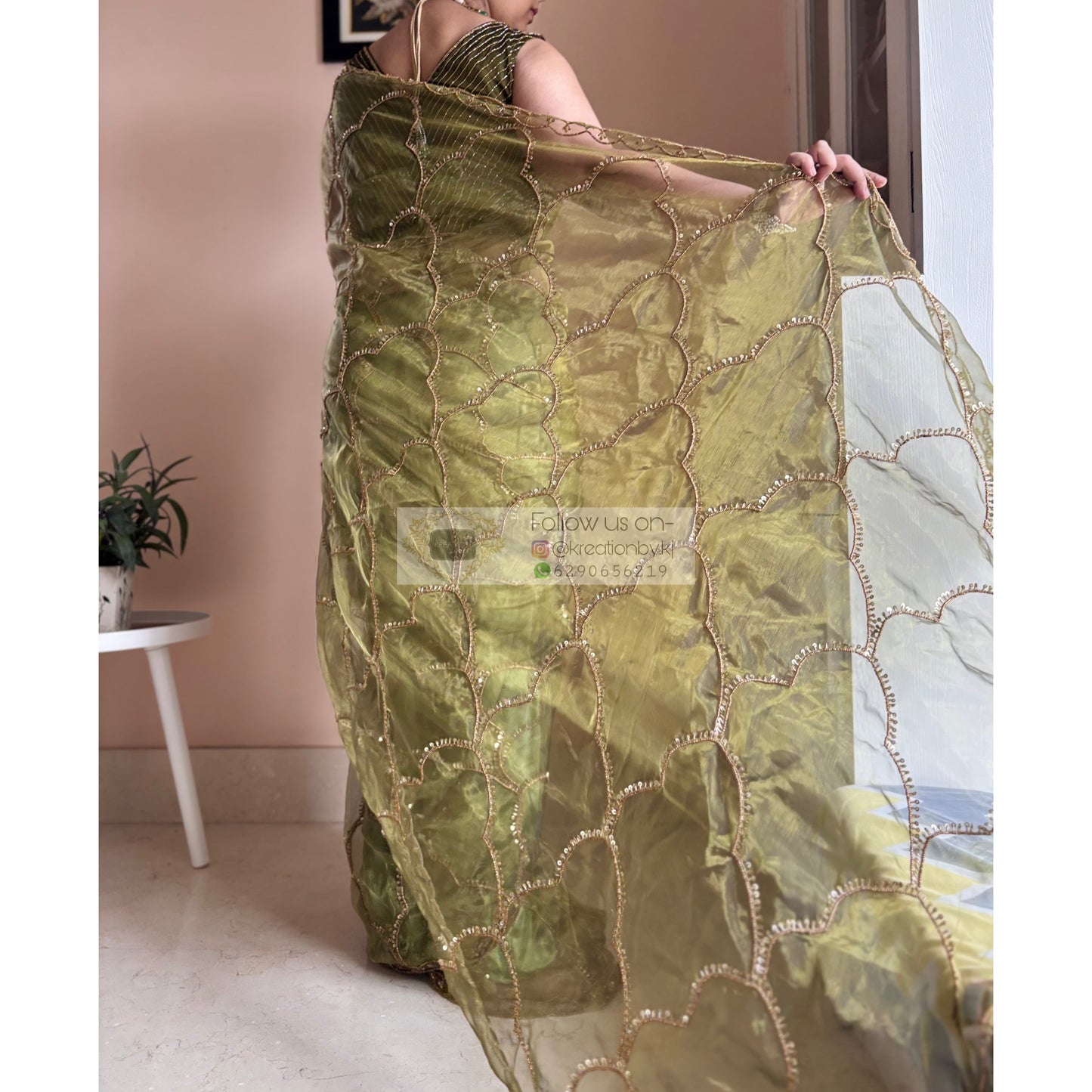 Military Green Chaudhvin ka Chand Saree for Wedding Kreation by KJ