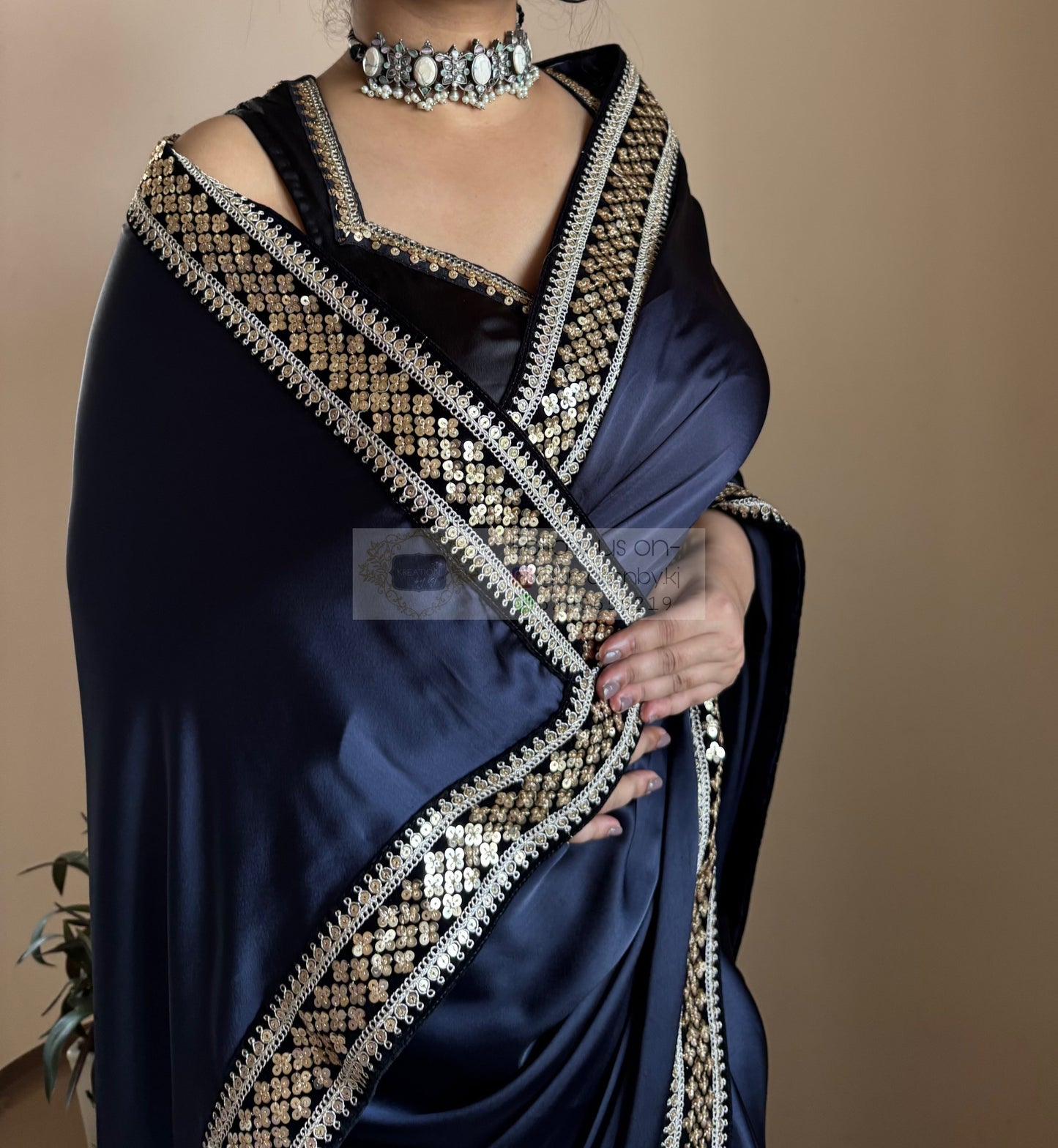 Dark Navy Blue Satin Silk Saree with Black Border kreationbykj