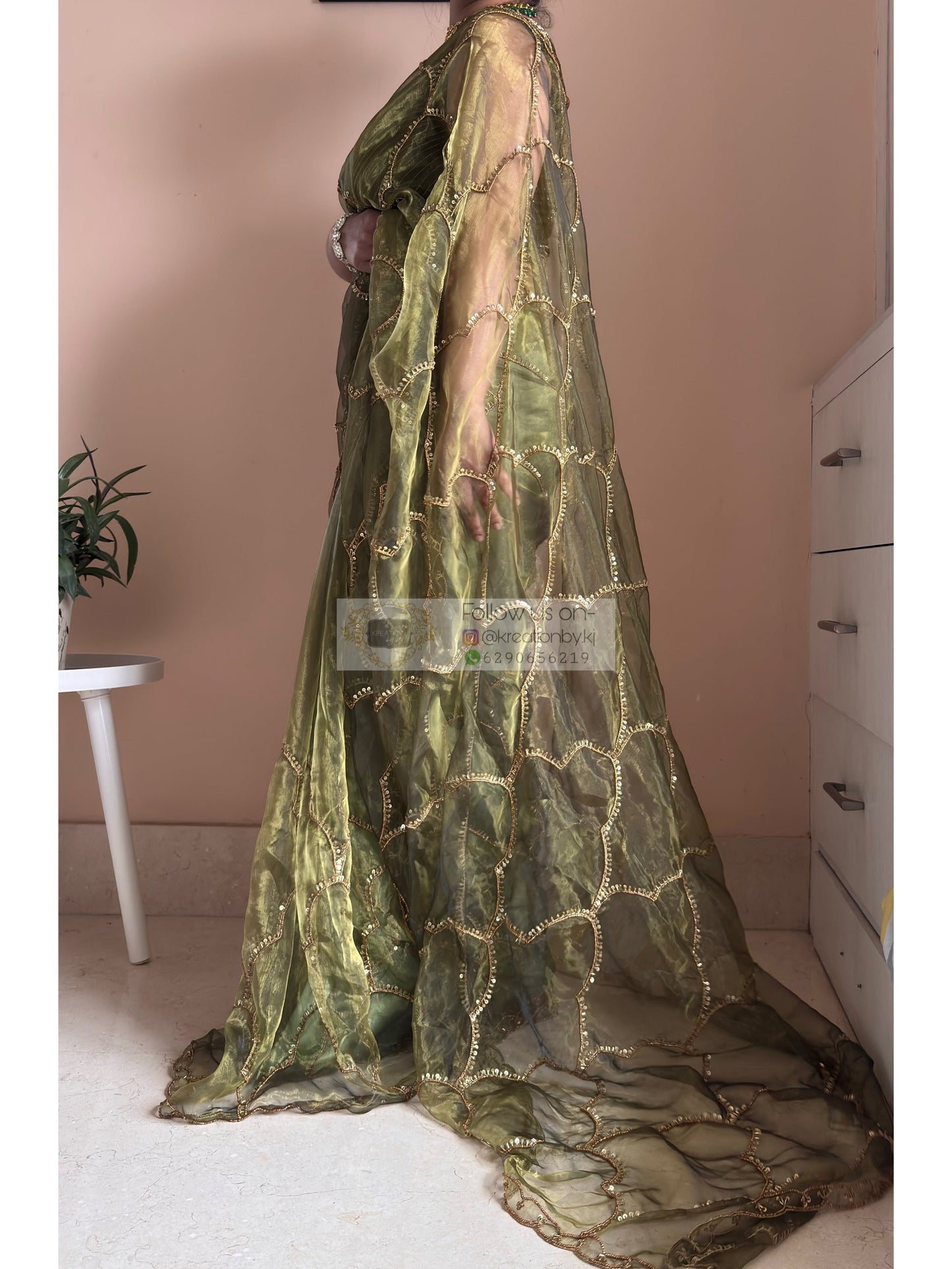 Military Green Chaudhvin ka Chand Saree for Wedding Kreation by KJ