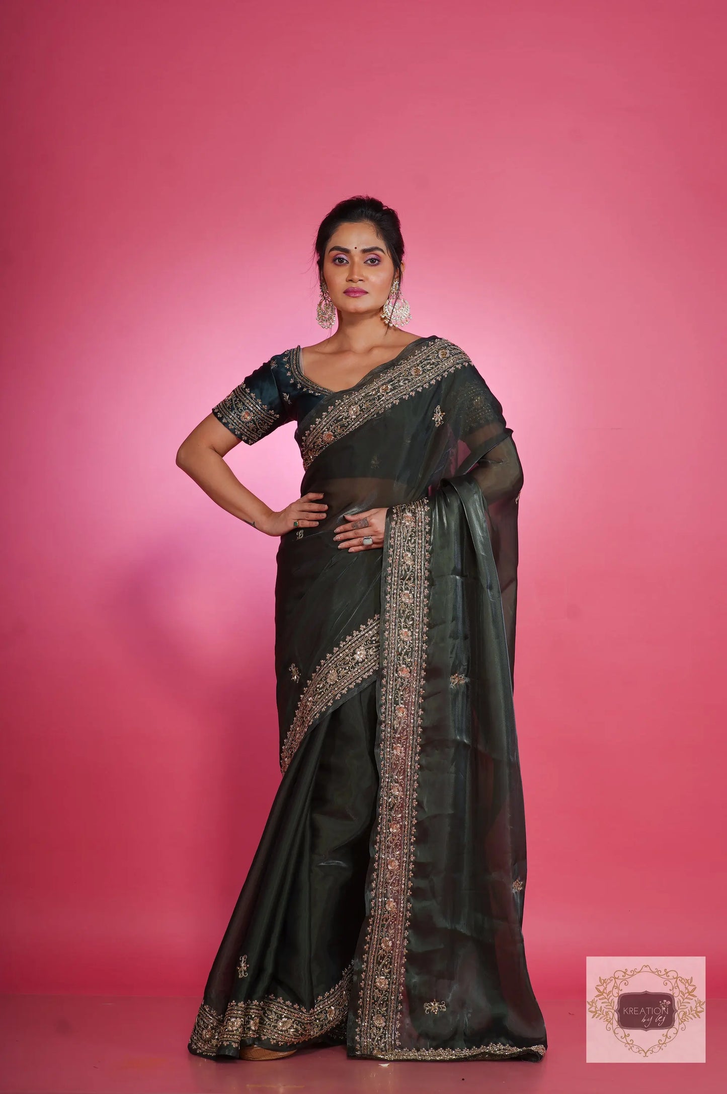 Dark Green Zarina Glassy Organza Saree kreationbykj