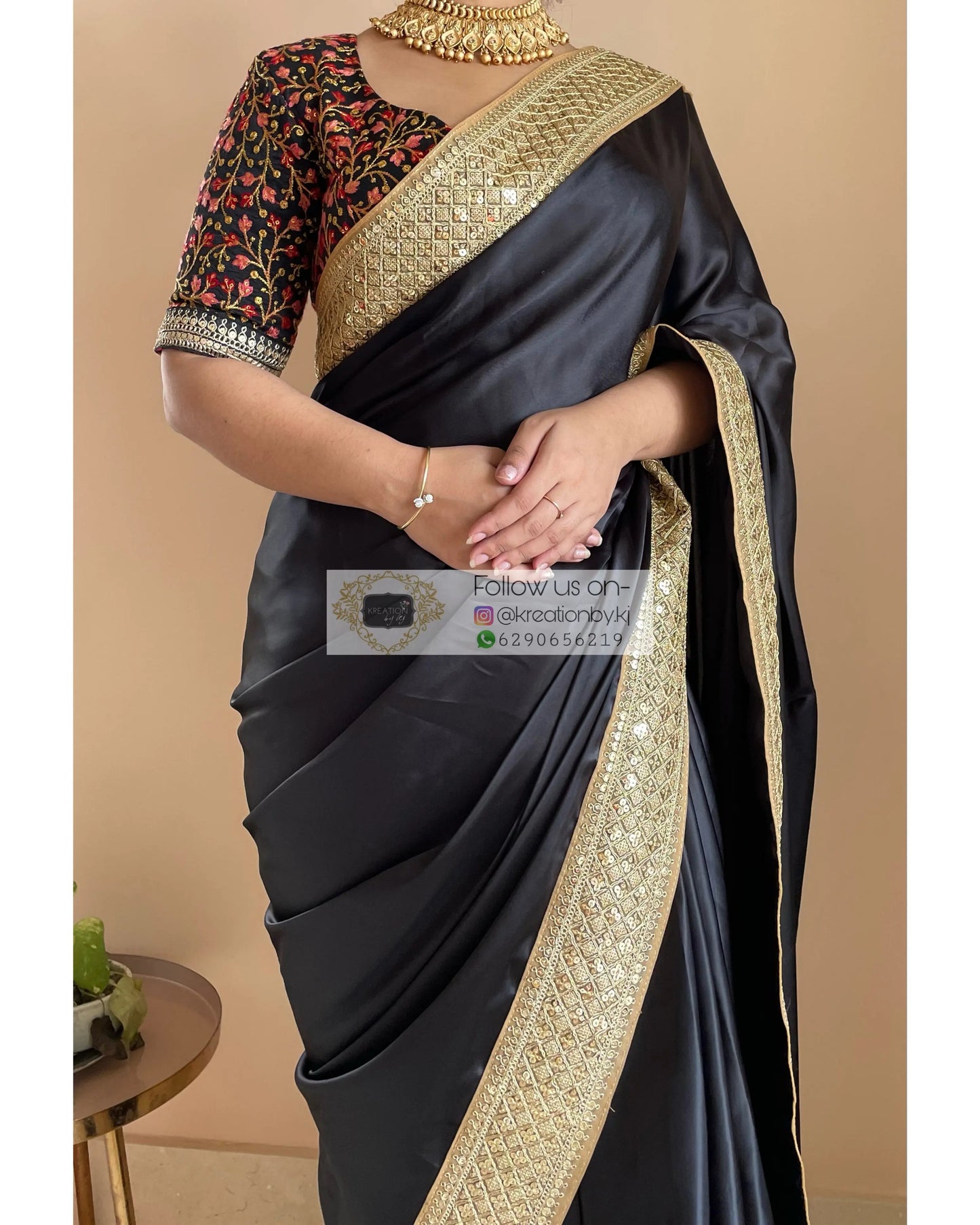 Black Satin Saree with Gold Border kreationbykj