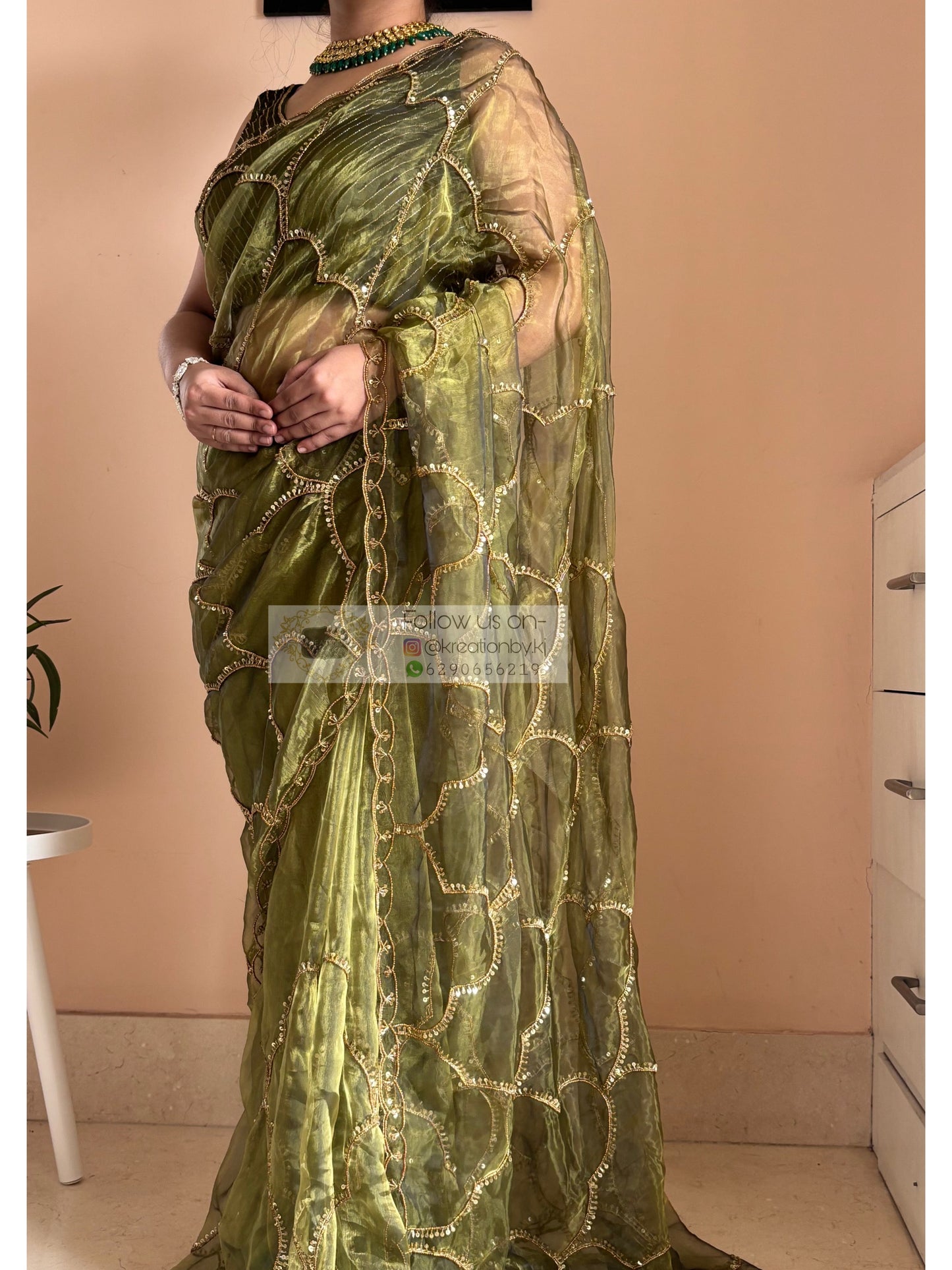 Military Green Chaudhvin ka Chand Saree for Wedding Kreation by KJ