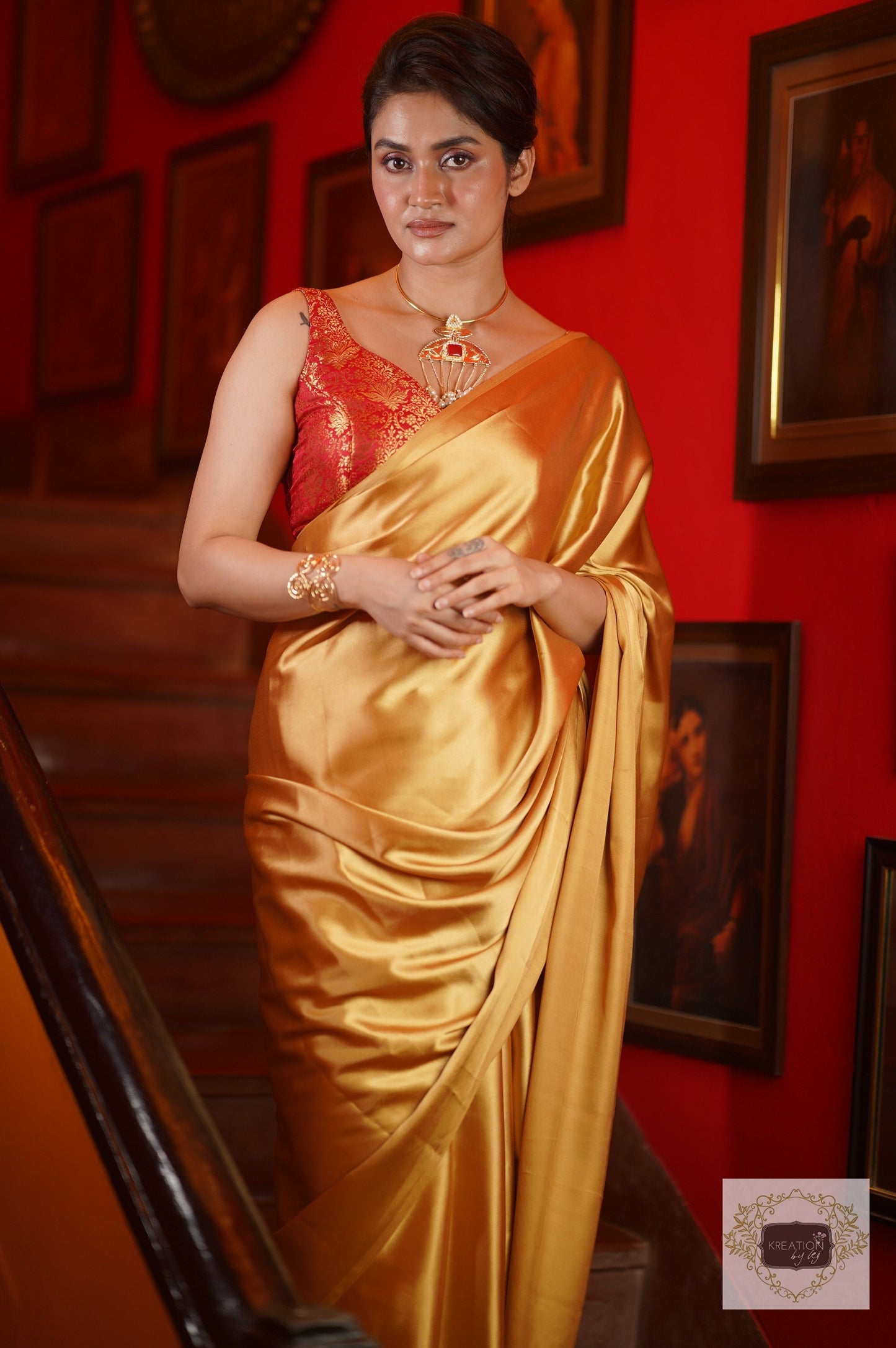 Champagne Gold Satin Saree kreationbykj