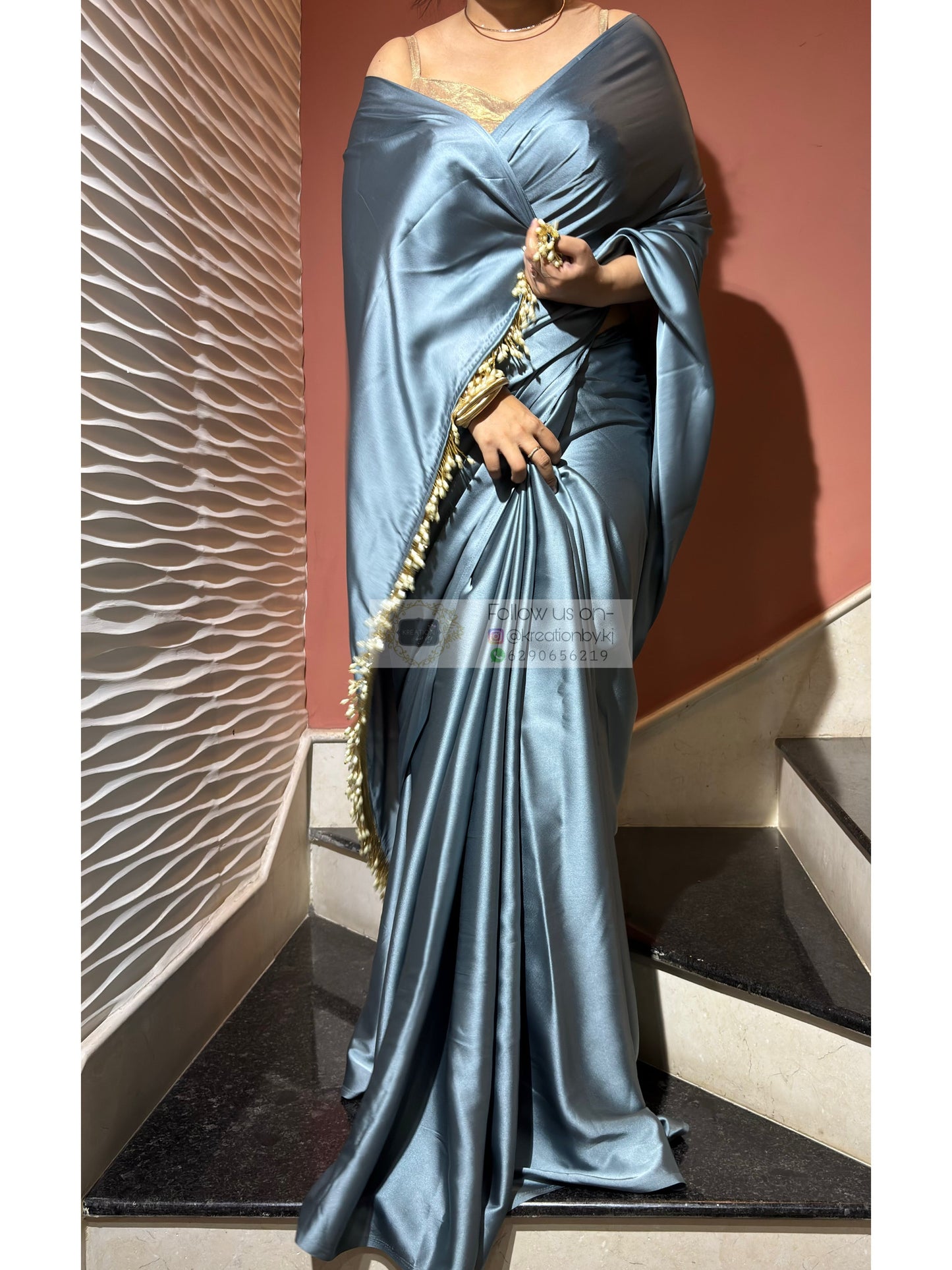 Slate Grey Satin Silk Saree with Handmade Tassels on Pallu kreationbykj