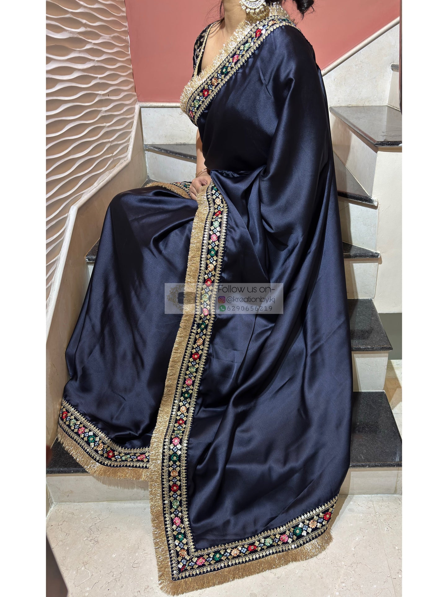 Navy Blue Satin Silk Floral Banno Saree kreationbykj