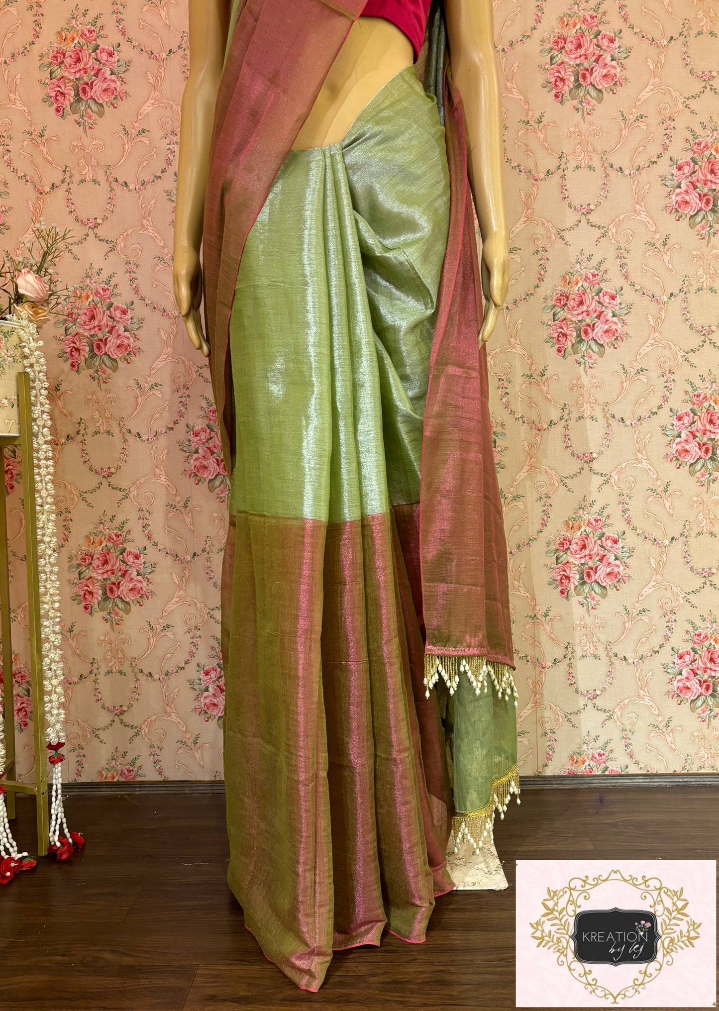 Badam Pista Cotton Tissue Saree kreationbykj
