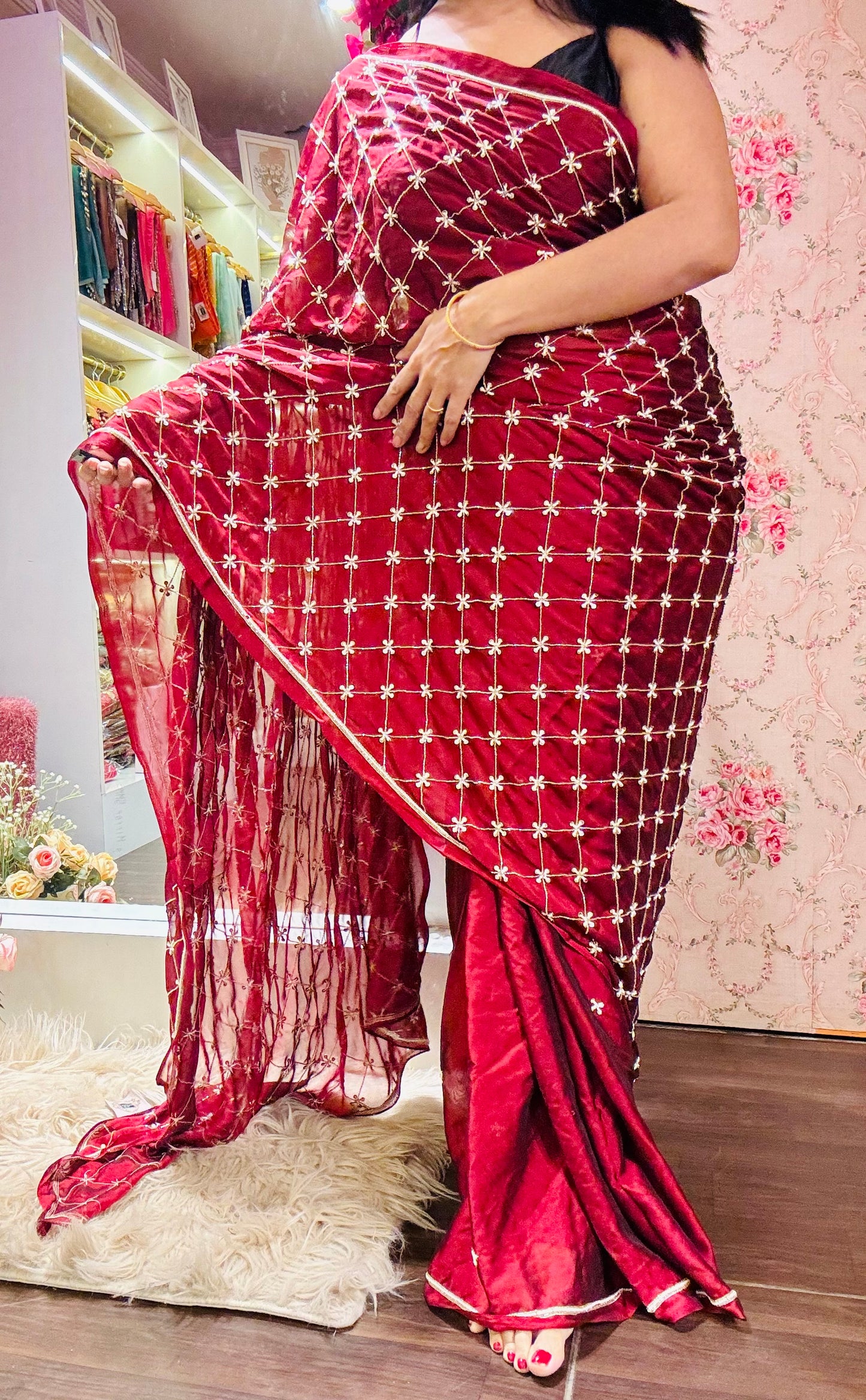 Maroon Georgette Cutdana Jaal Saree - kreationbykj