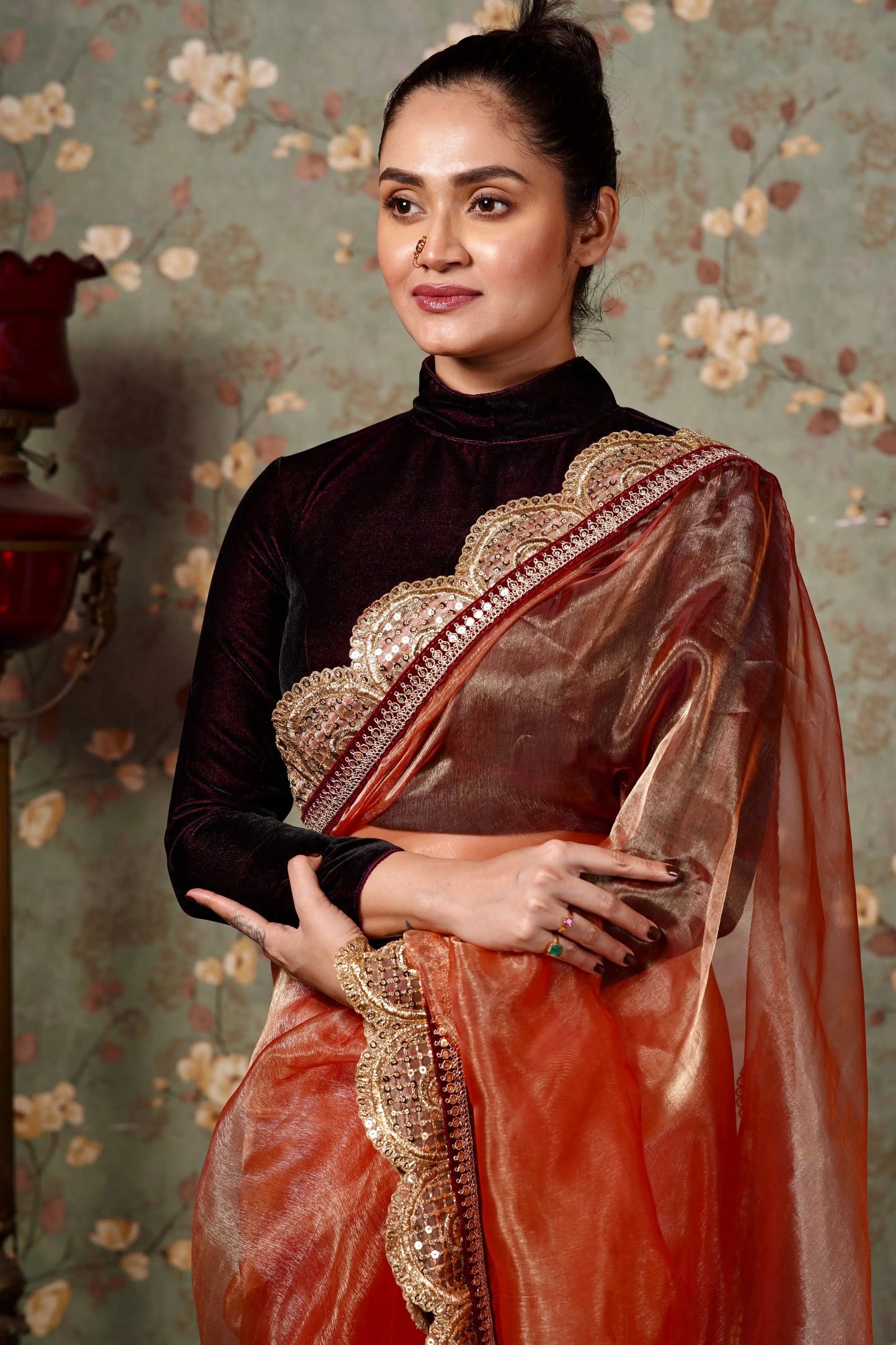 Marigold Glass Tissue Mehraab Border Saree kreationbykj