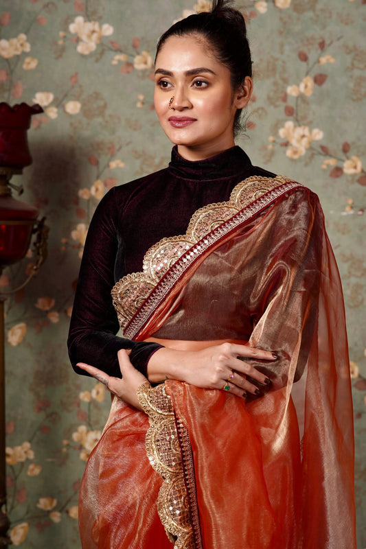 Marigold Glass Tissue Mehraab Border Saree kreationbykj