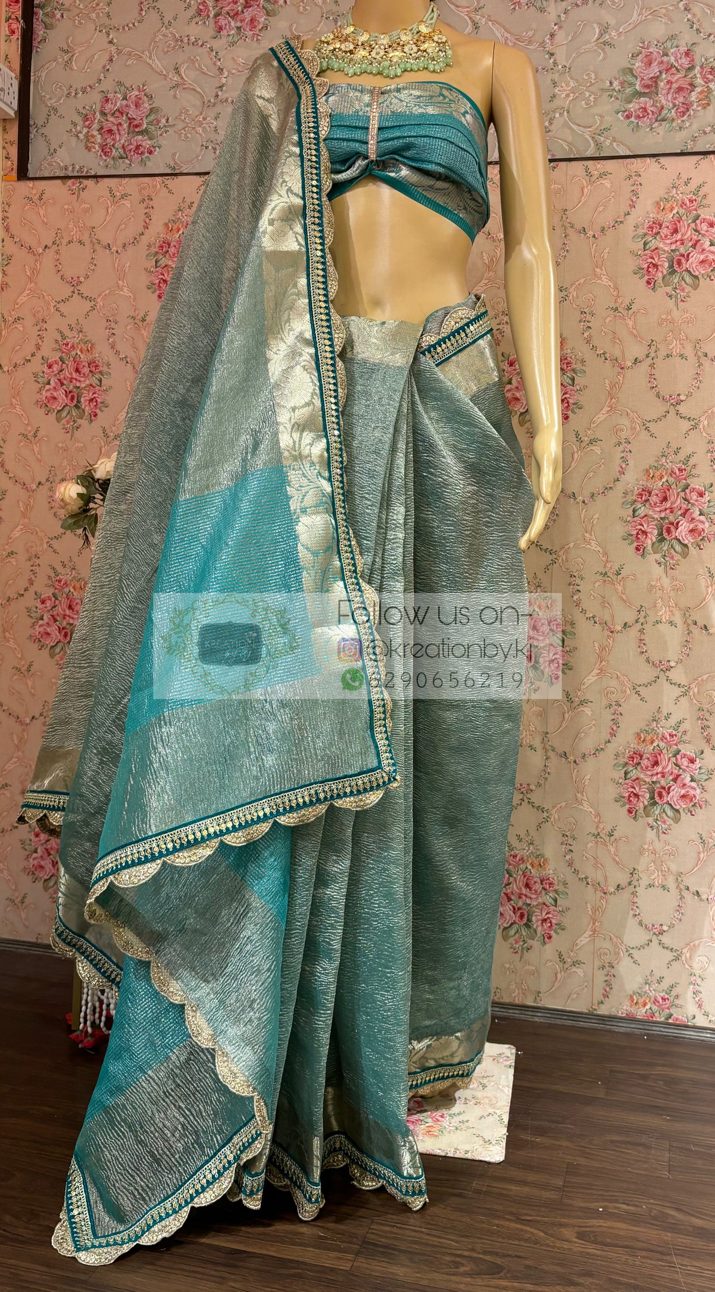 Sea Green Crushed Tissue Banarasi Saree kreationbykj