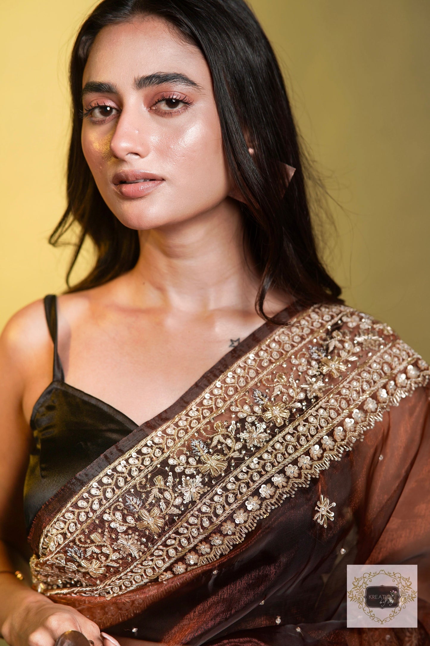 Nazakat Copper Glass Tissue Saree For Wedding kreationbykj