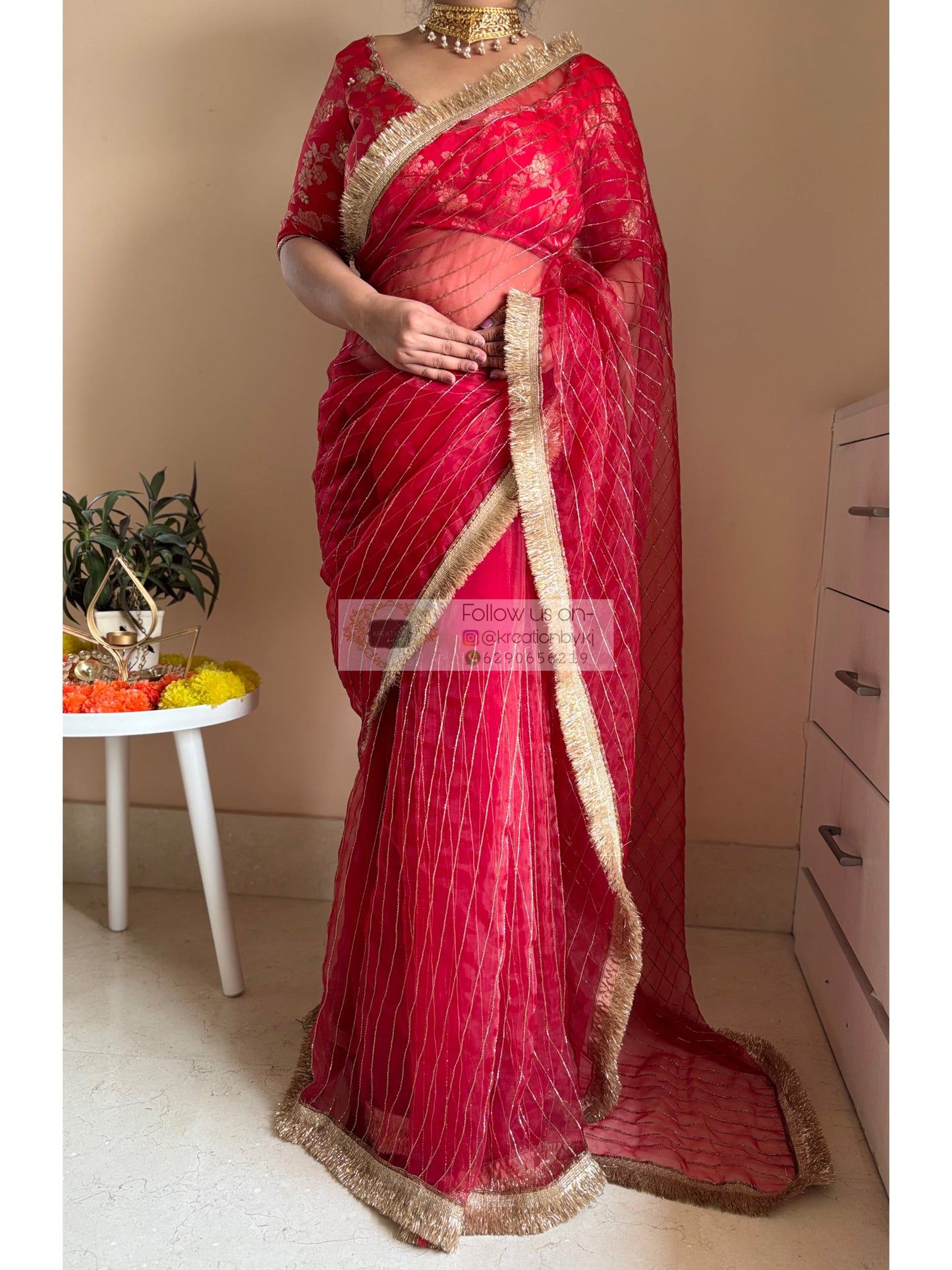 Red Noorani Banno Organza Saree Kreation by KJ