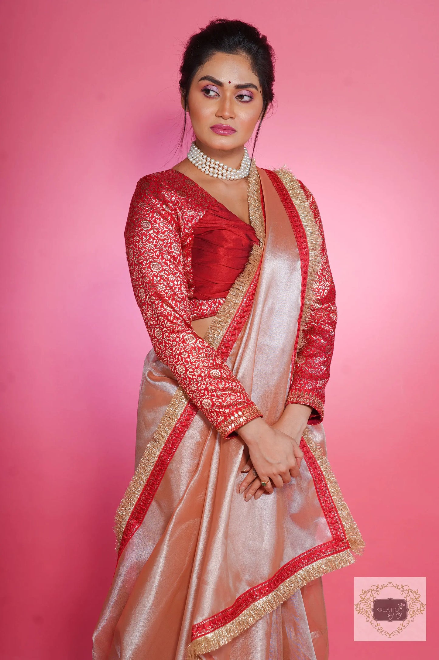 Peach Tissue Banno Saree kreationbykj