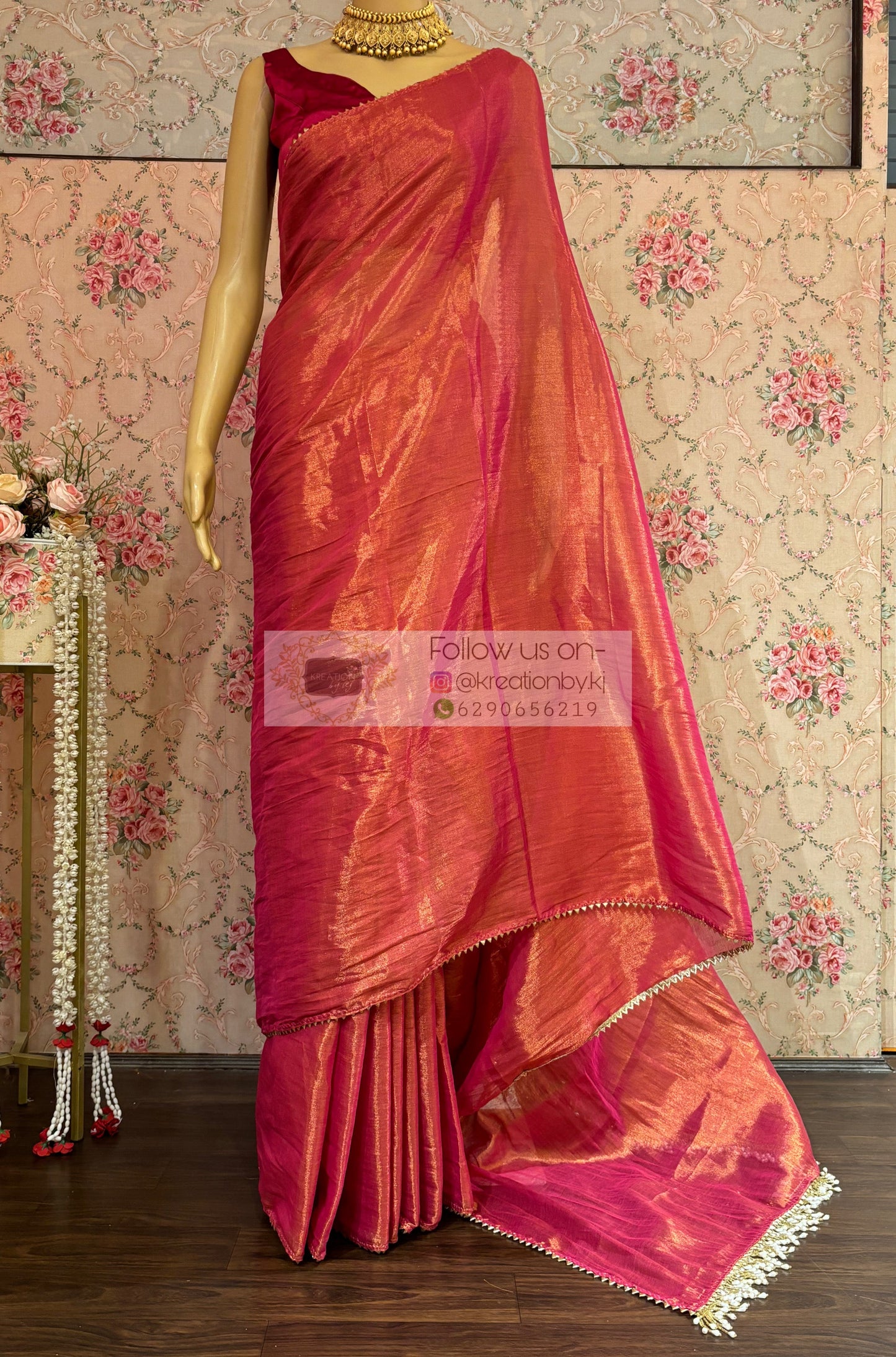 Coral Pink Cotton Tissue saree kreationbykj