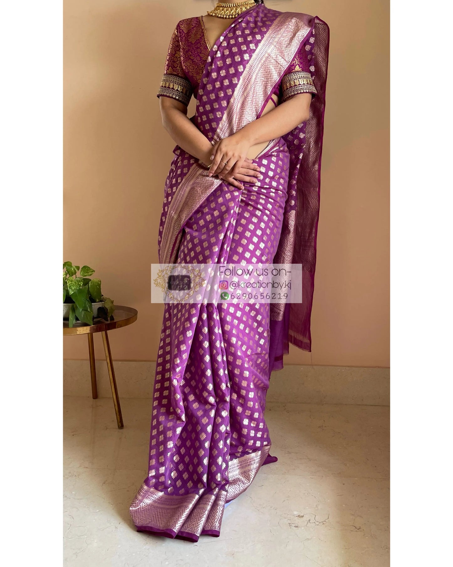 Purple Banarasi Cotton Silk Saree kreationbykj