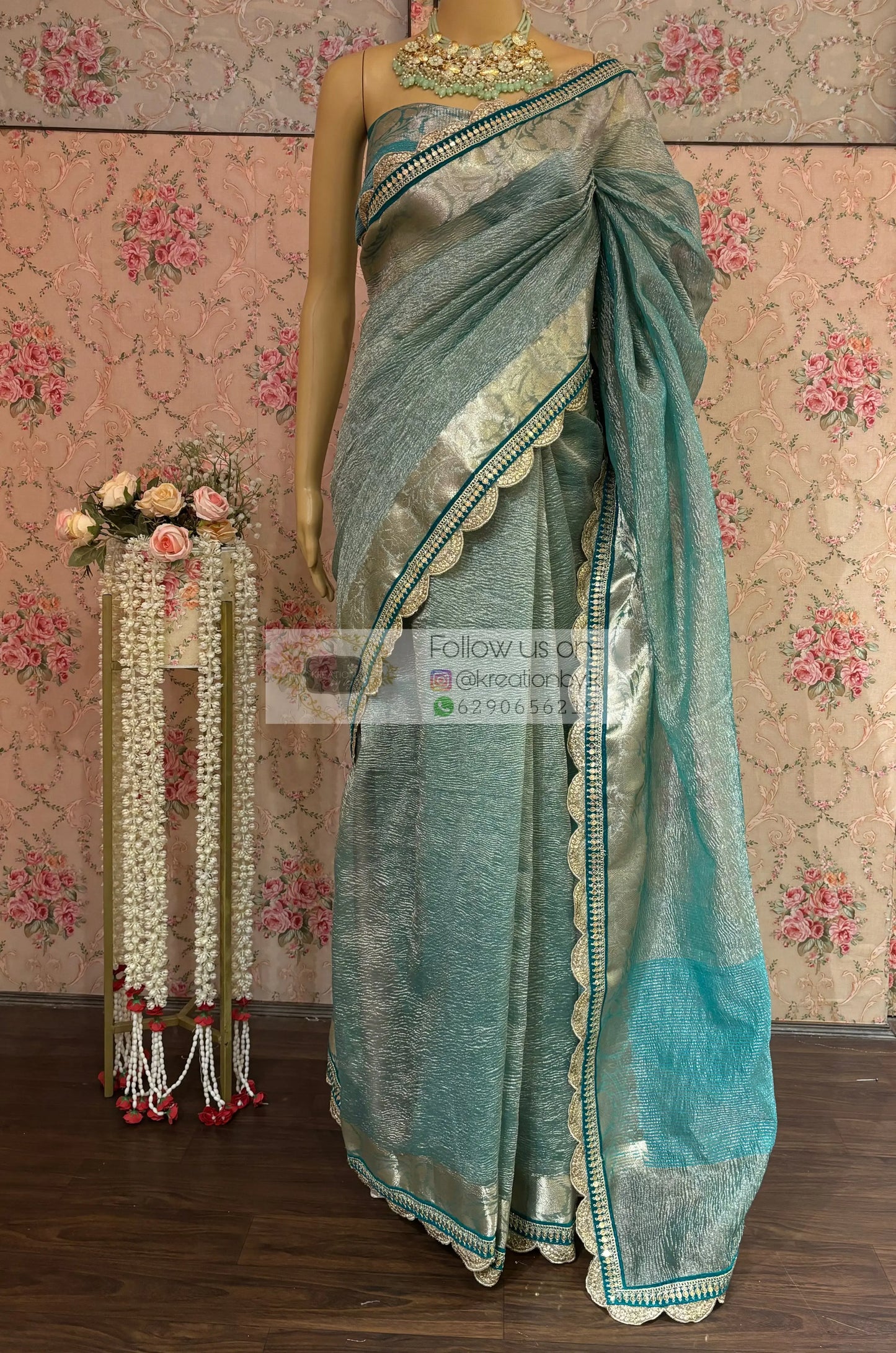 Sea Green Crushed Tissue Banarasi Saree kreationbykj