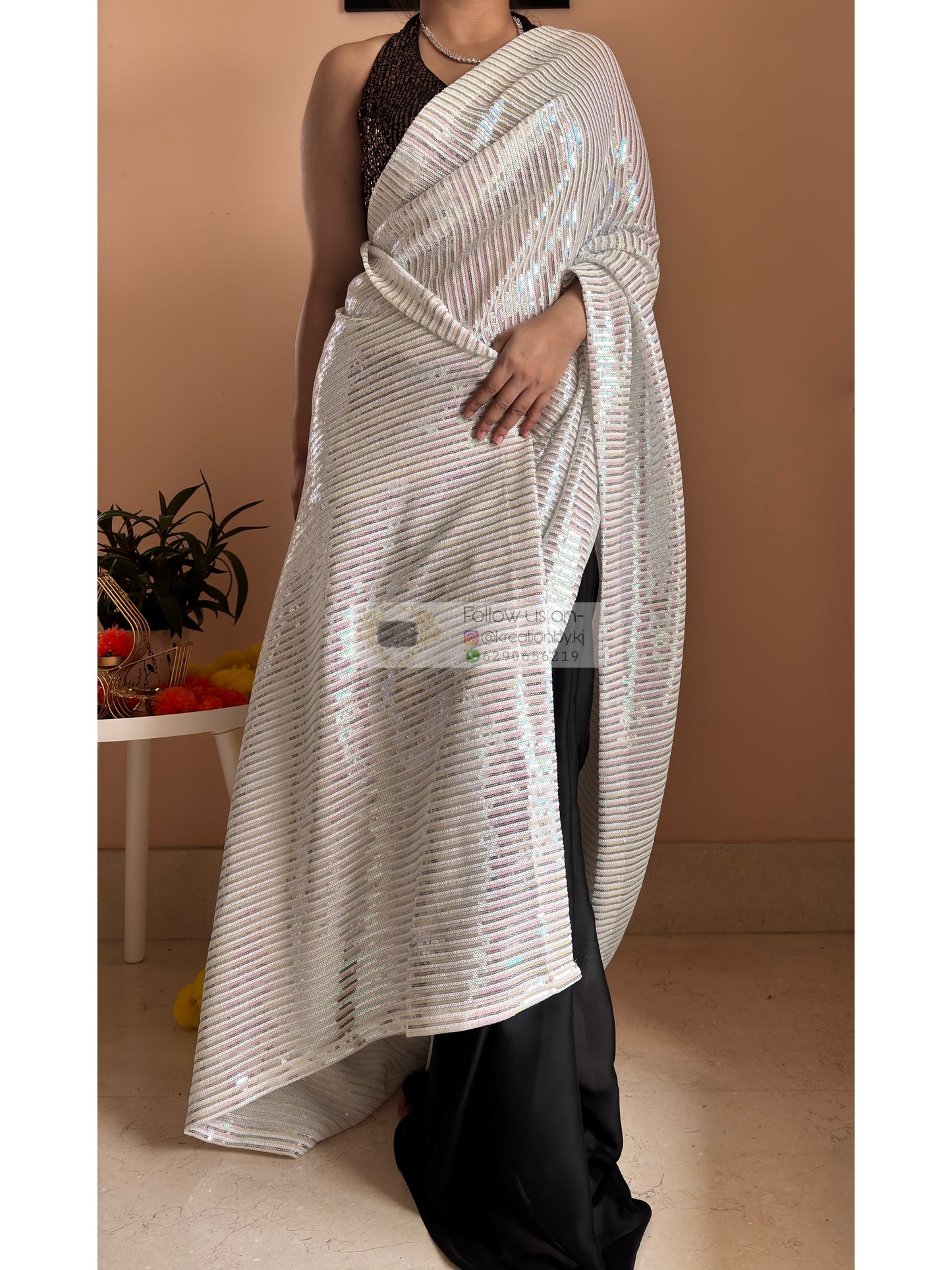 Dazzle White Sequin Half Cocktail Saree Kreation by KJ