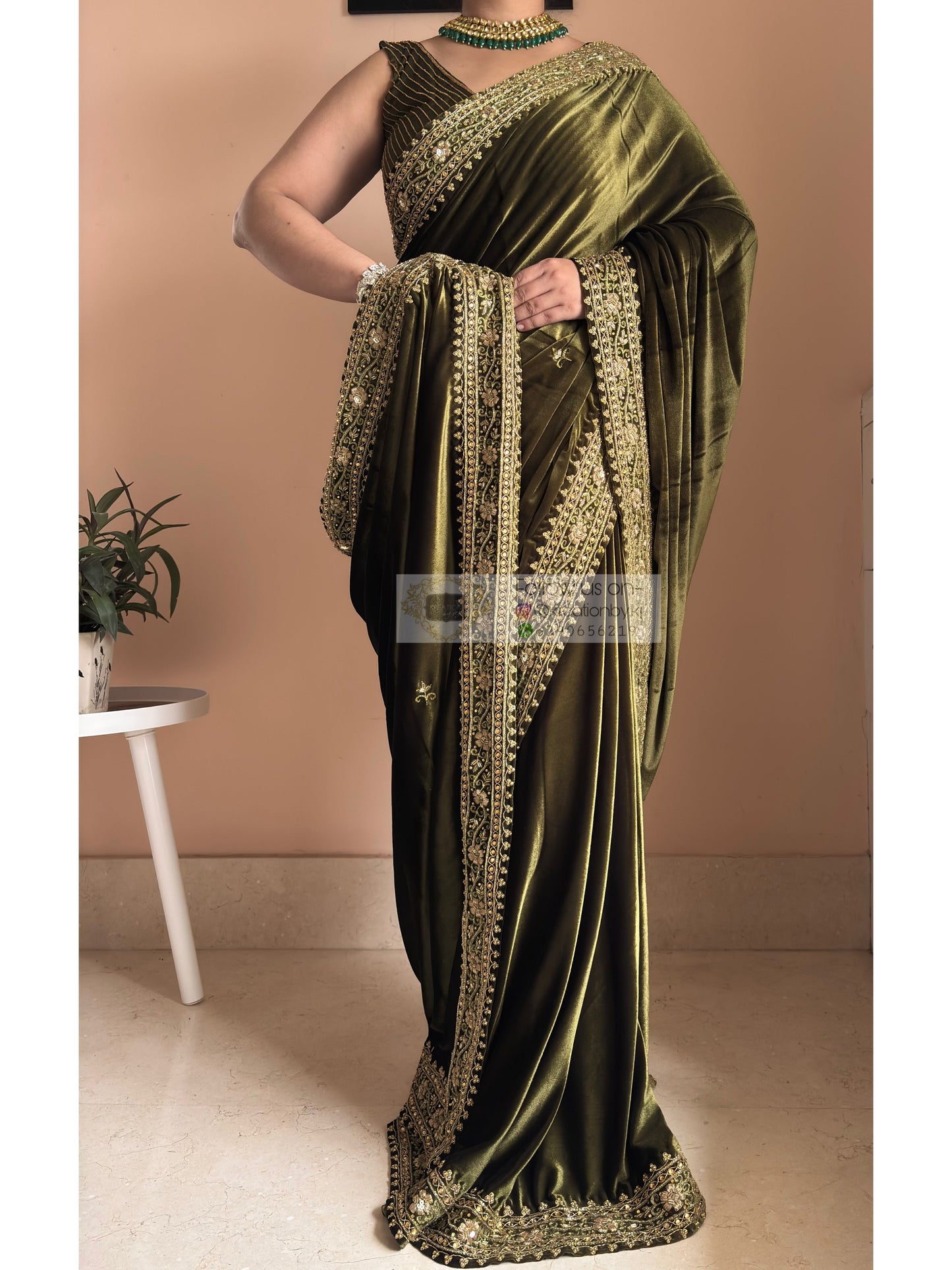 Mehendi Green Velvet Zarina Saree for Wedding Kreation by KJ
