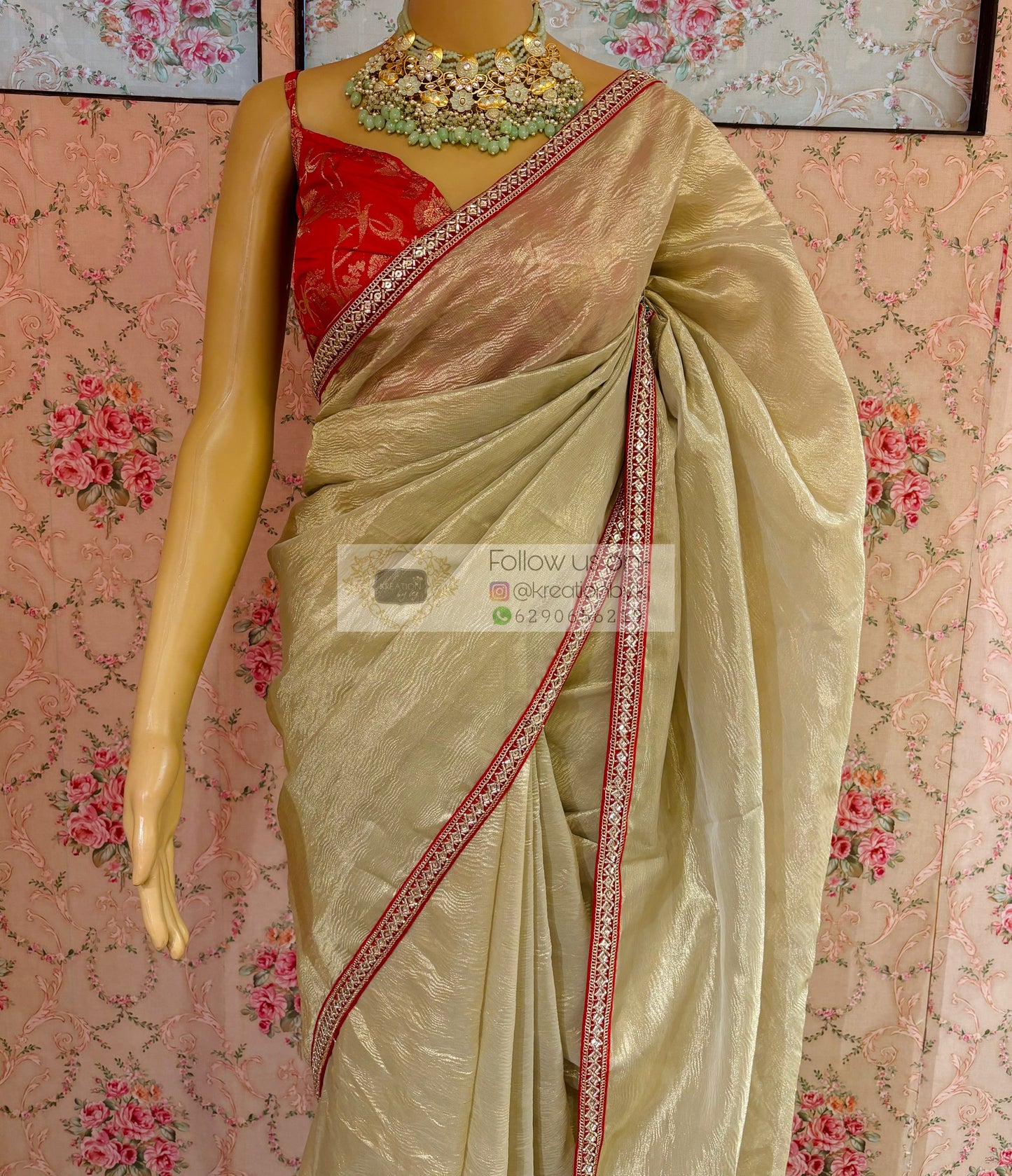 Swarna Beige Crushed Tissue Saree kreationbykj