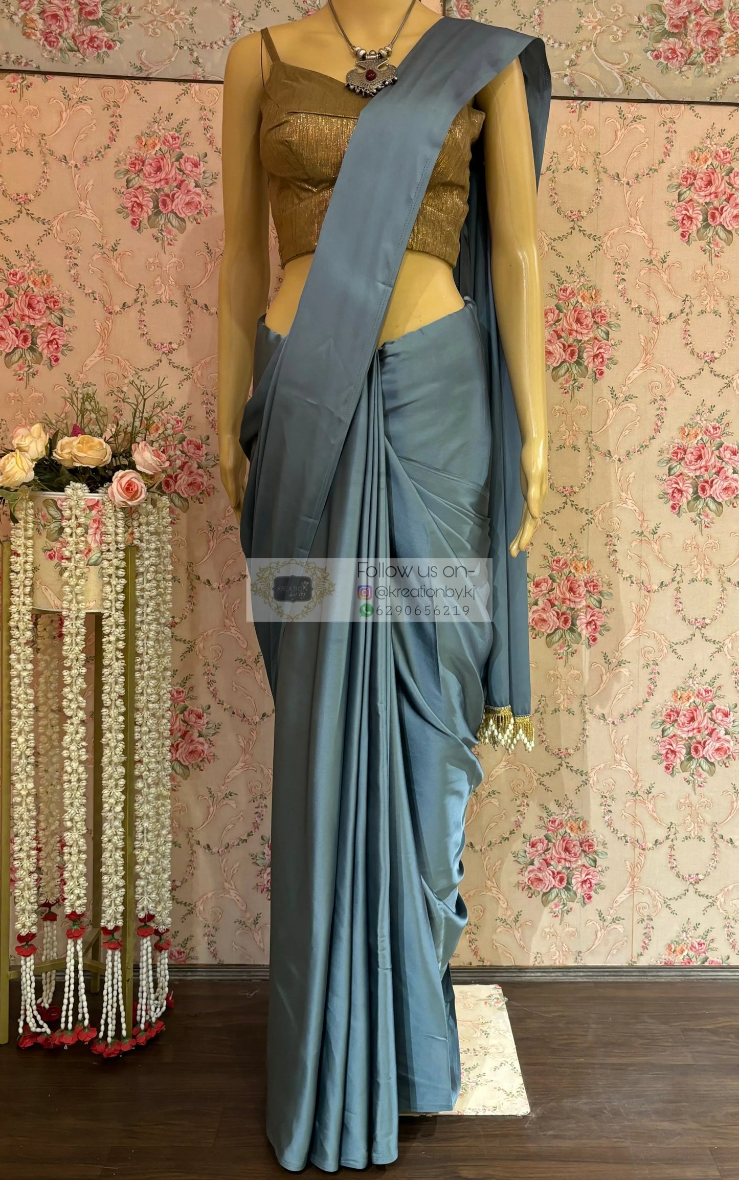 Slate Grey Satin Silk Saree with Handmade Tassels on Pallu kreationbykj