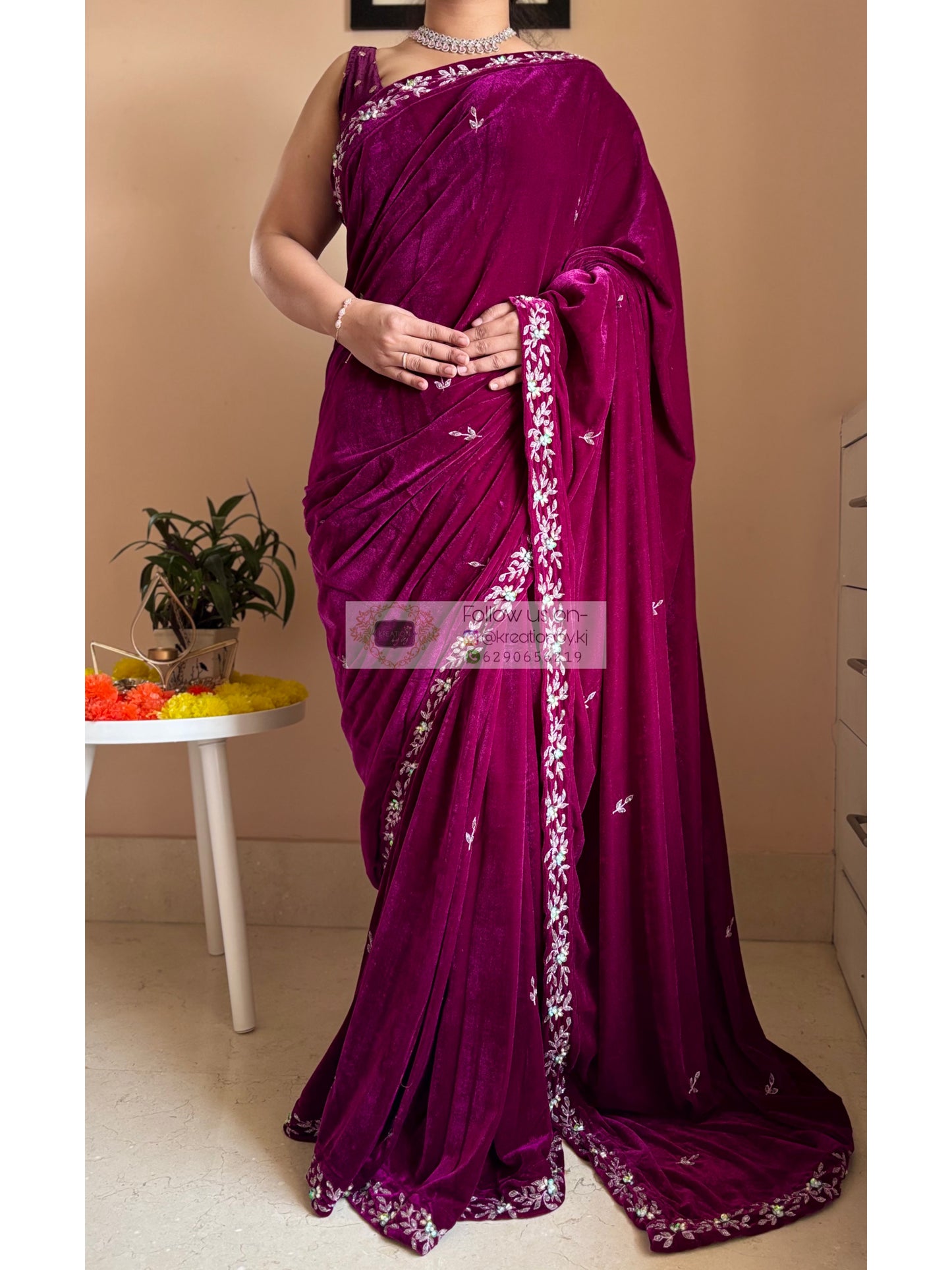 wine velvet receiption saree