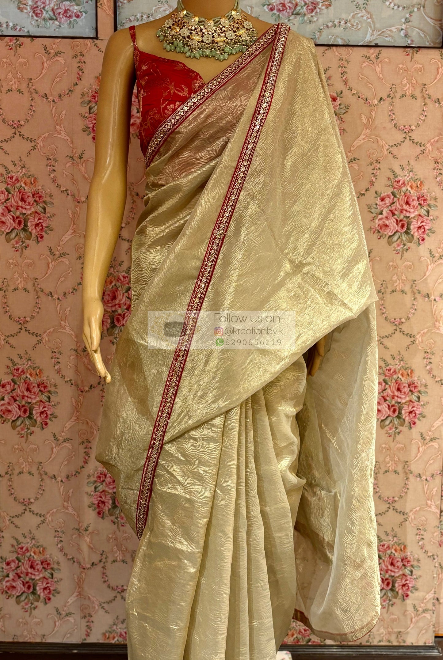 Swarna Beige Crushed Tissue Saree kreationbykj