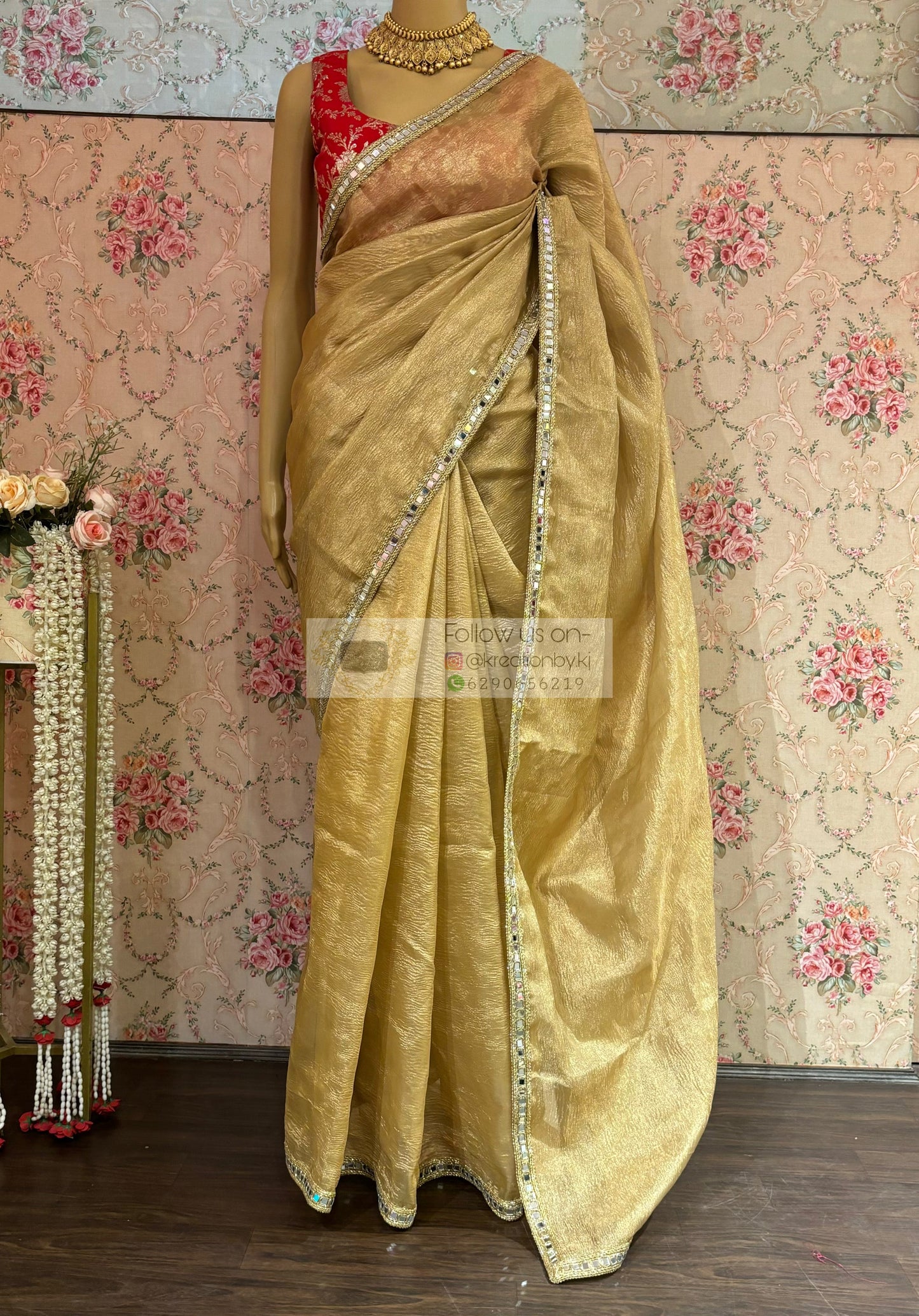 Golden Beige Tissue Saree with Mirror Border kreationbykj
