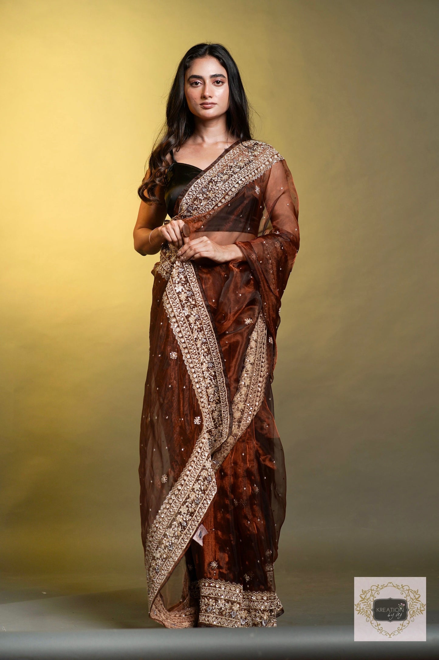 Nazakat Copper Glass Tissue Saree For Wedding kreationbykj