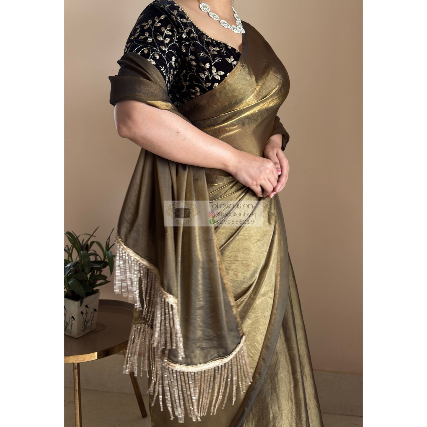 Molten Golden Shimmer Satin Saree With Handmade Tassels on Pallu kreationbykj