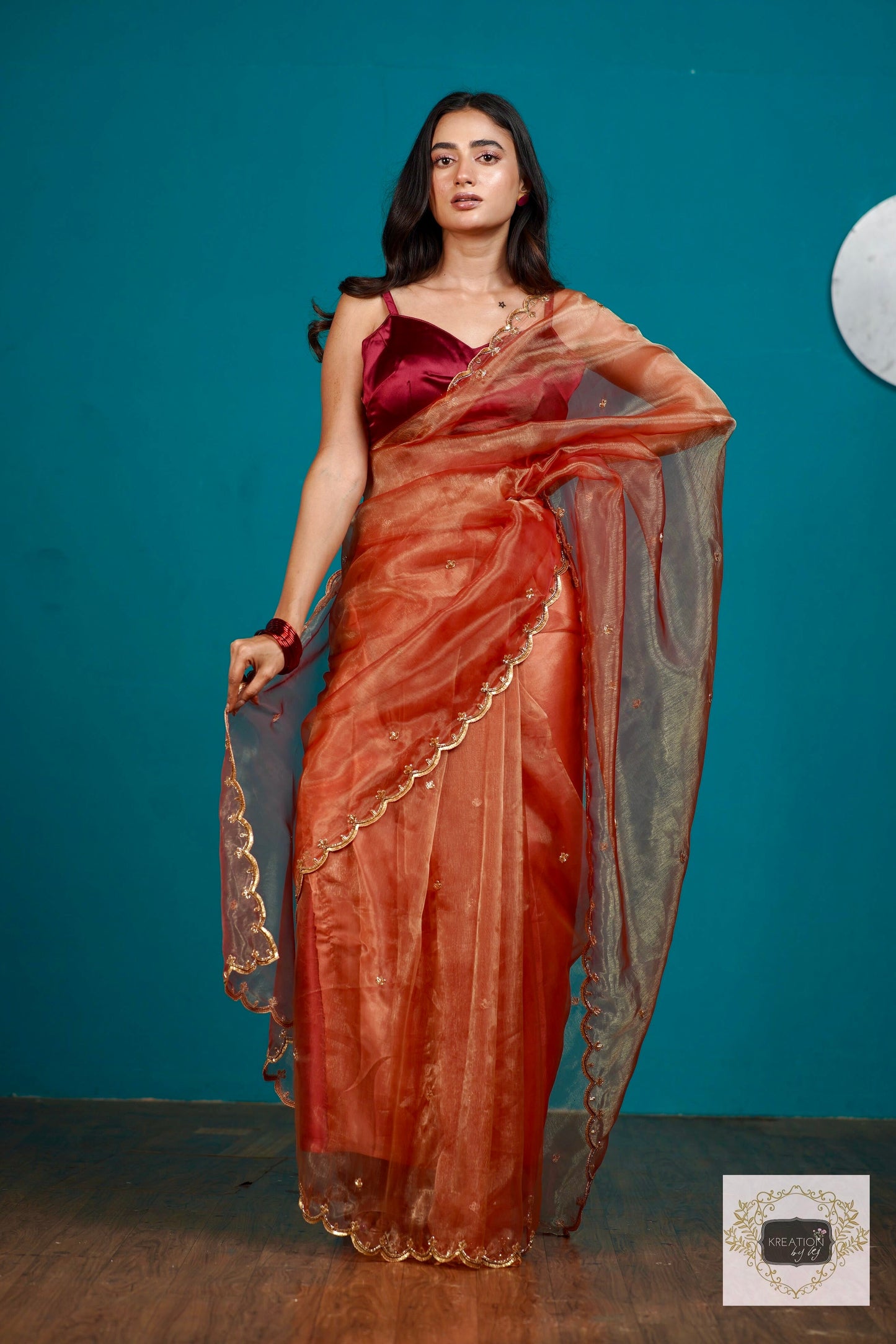 Marigold Glass Tissue Sequin Piyali Saree kreationbykj