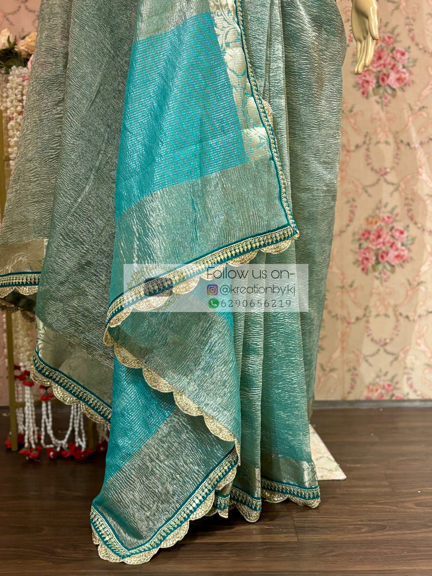 Sea Green Crushed Tissue Banarasi Saree kreationbykj